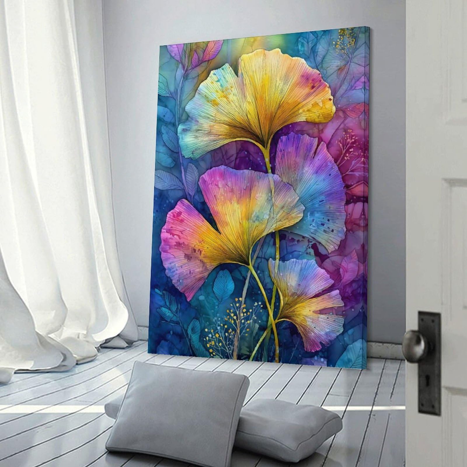 Junmoney Room Decor Wall Art Colorful Ginkgo Leaves Watercolor Painting, 12x18inch(30x45cm), for Home Lounge, Bedroom Or Reading Nook, Eye Catching Artwork for Blank Walls