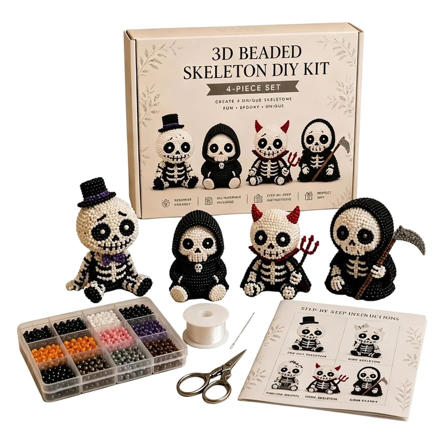 HOLVA 3D Beaded Skeleton DIY Kit, 2026New Halloween Bead Embroidery Kit, 4PCS 3D Gothic Skeleton Beading Crafts with Instructions, DIY Beading Gifts for Craft Enthusiasts (A#)