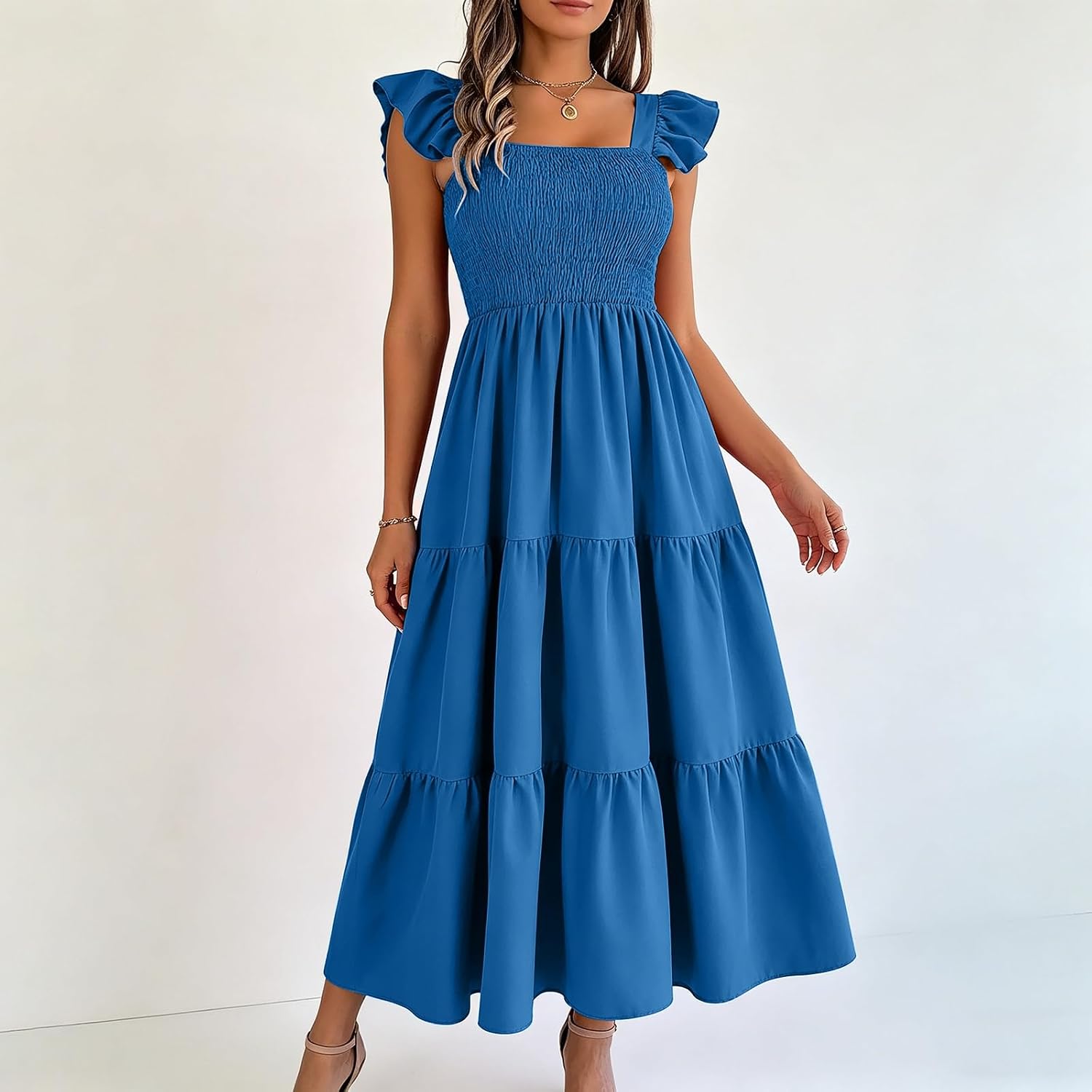 Womens Casual Summer Dresses 2026 Maxi | Smocked Square Neck Sleeveless,Beach Vacation Sundresses, A Line Flowy Ruffle Long Dress,Boho Cruise Outfits