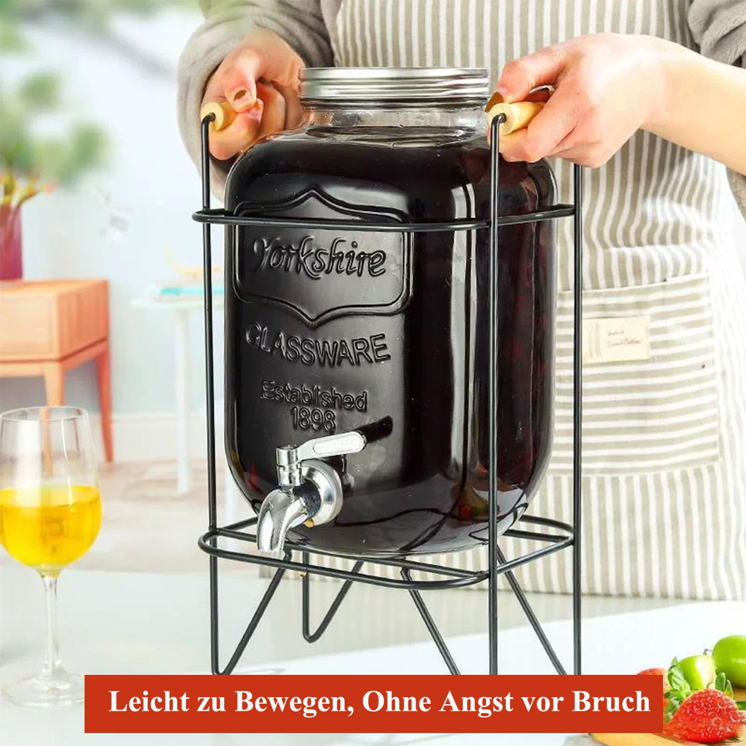 Dispensador de bebidas de 4 l con soporte con grifo y tapa, dispensador de agua de cristal con prensa, grifo dispensador de zumo, dispensador de limonada, frigorífico, fiestas, dispensador