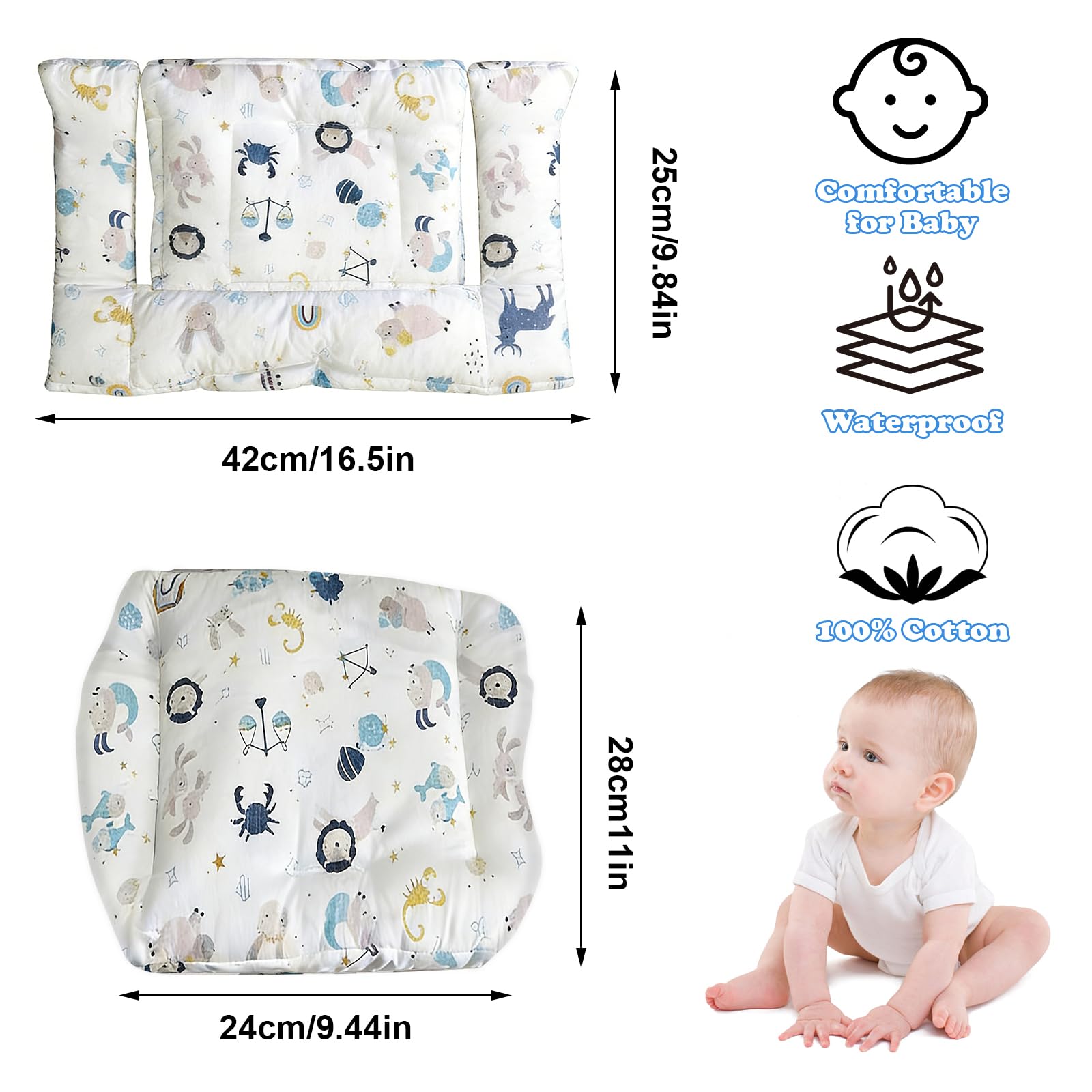 Cuscino per seggiolone Stokke Tripp Trapp, set da 2 pezzi in cotone biologico con rivestimento laminato impermeabile, facile da pulire e rimovibile, lavabile in lavatrice (animali marini)