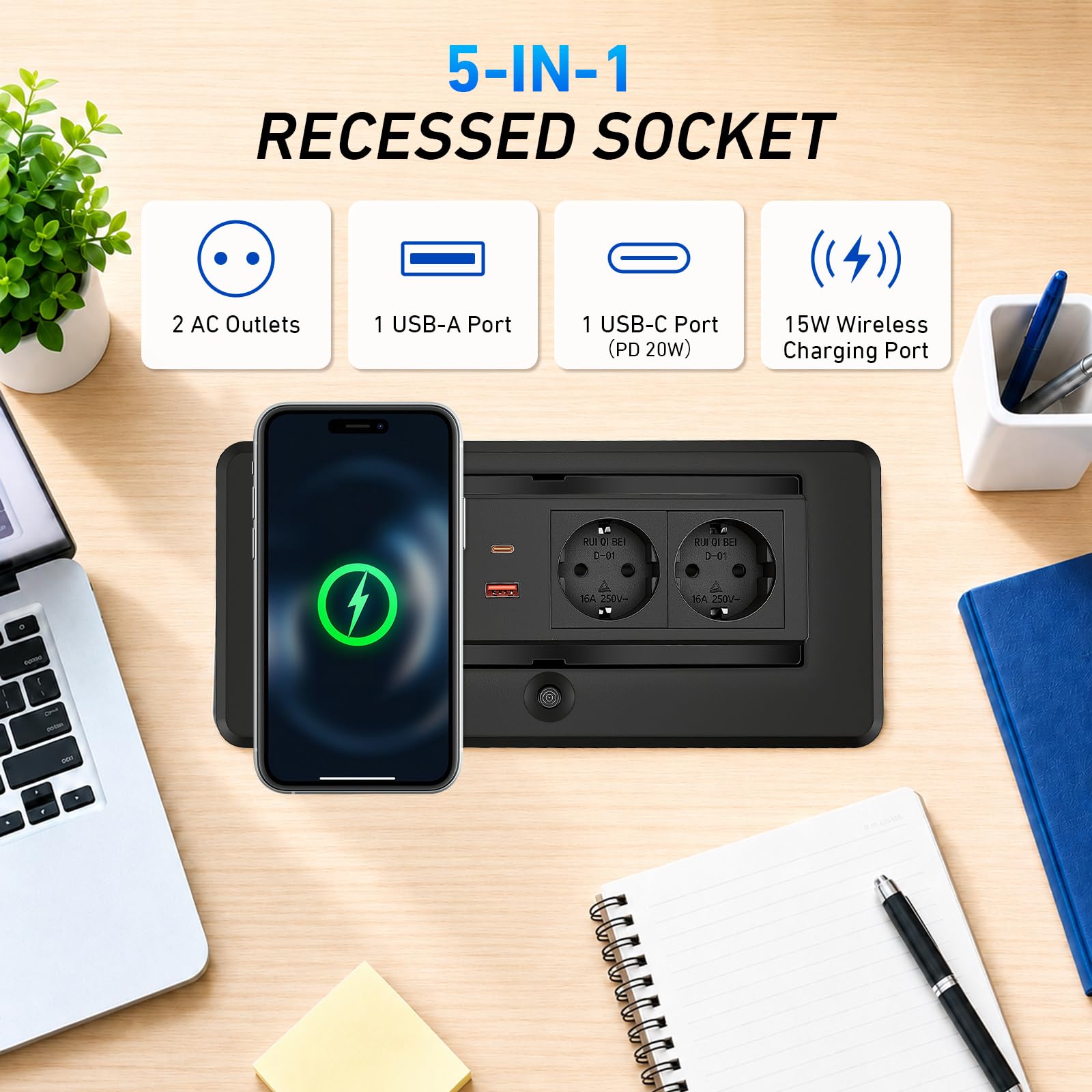 Versenkbare Steckdose 2-Fach mit USB A and USB-C PD 20W Schnellladefunktion & 15W kabellosem Ladegerät, Pop-Up Tischsteckdose für Arbeitsplatte, Schreibtisch, platzsparende Steckdosenleiste Einbau