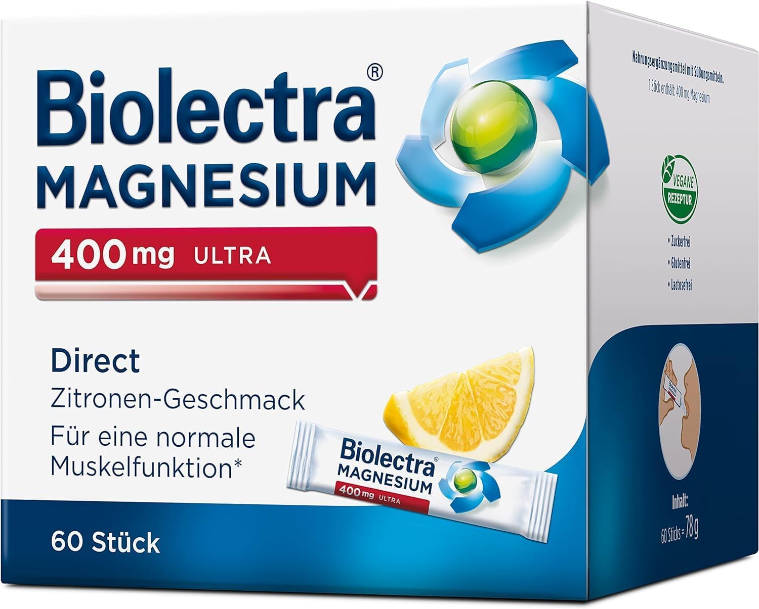 Biolectra Magnesium 400 mg Direct Sticks Zitrone, 60 Stück: Für eine normale Muskelfunktion bei erhöhtem Bedarf, Magnesium Direkt-Sticks, hochdosiert