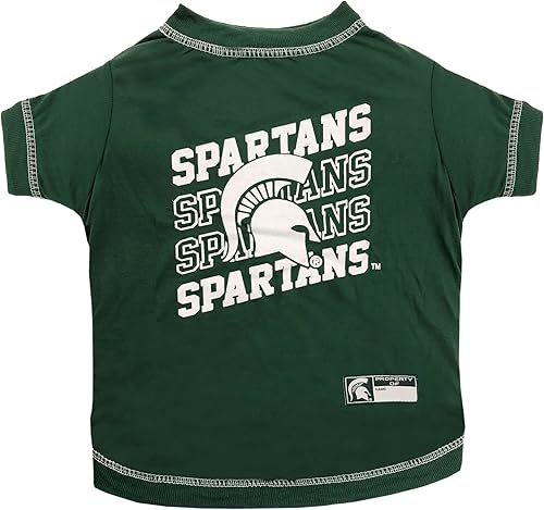 Pets First NCAA - Camiseta gráfica para perro de Michigan State Spartans, camiseta deportiva con licencia para perro con nombre y logotipo del