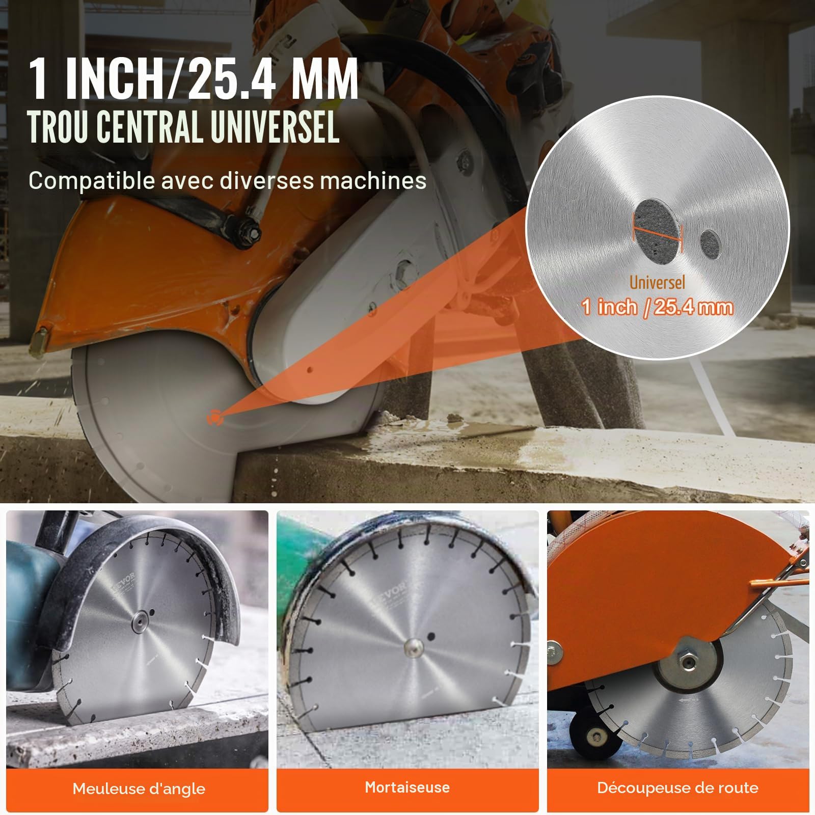 VEVOR Disque à Tronçonner Diamanté 350 mm, Disque Diamant Humide ou Sèche, Lame de Scie à Béton avec Dents Plates de 12 mm, Diamètre du Trou Central Universel 25,4 mm, pour Béton, Carrelage, Brique