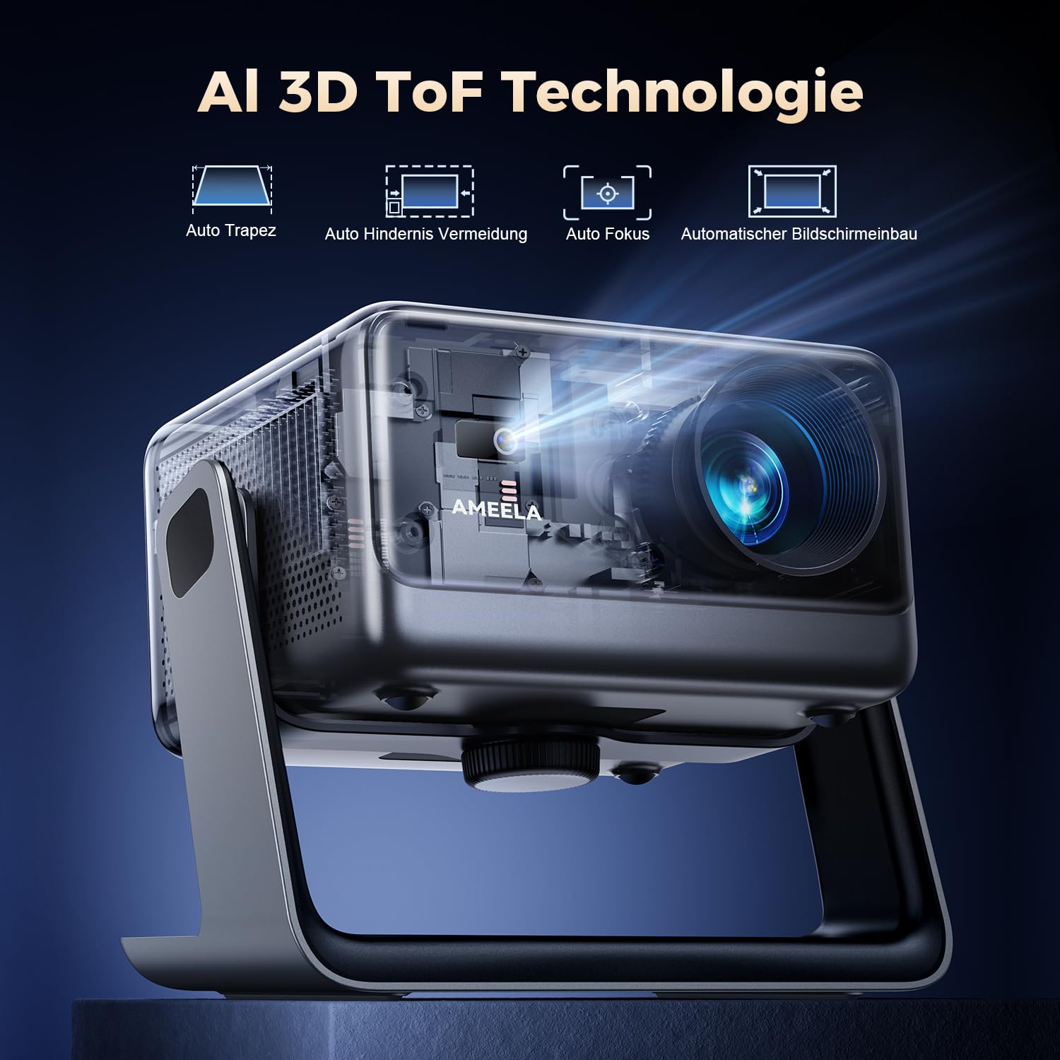 AMEELA 1080P Beamer mit WiFi und Bluetooth, Autofokus/Trapezkorrektur, 30000 Lumen, Dolby Audio, Videoprojektor für IOS/Android/PS5