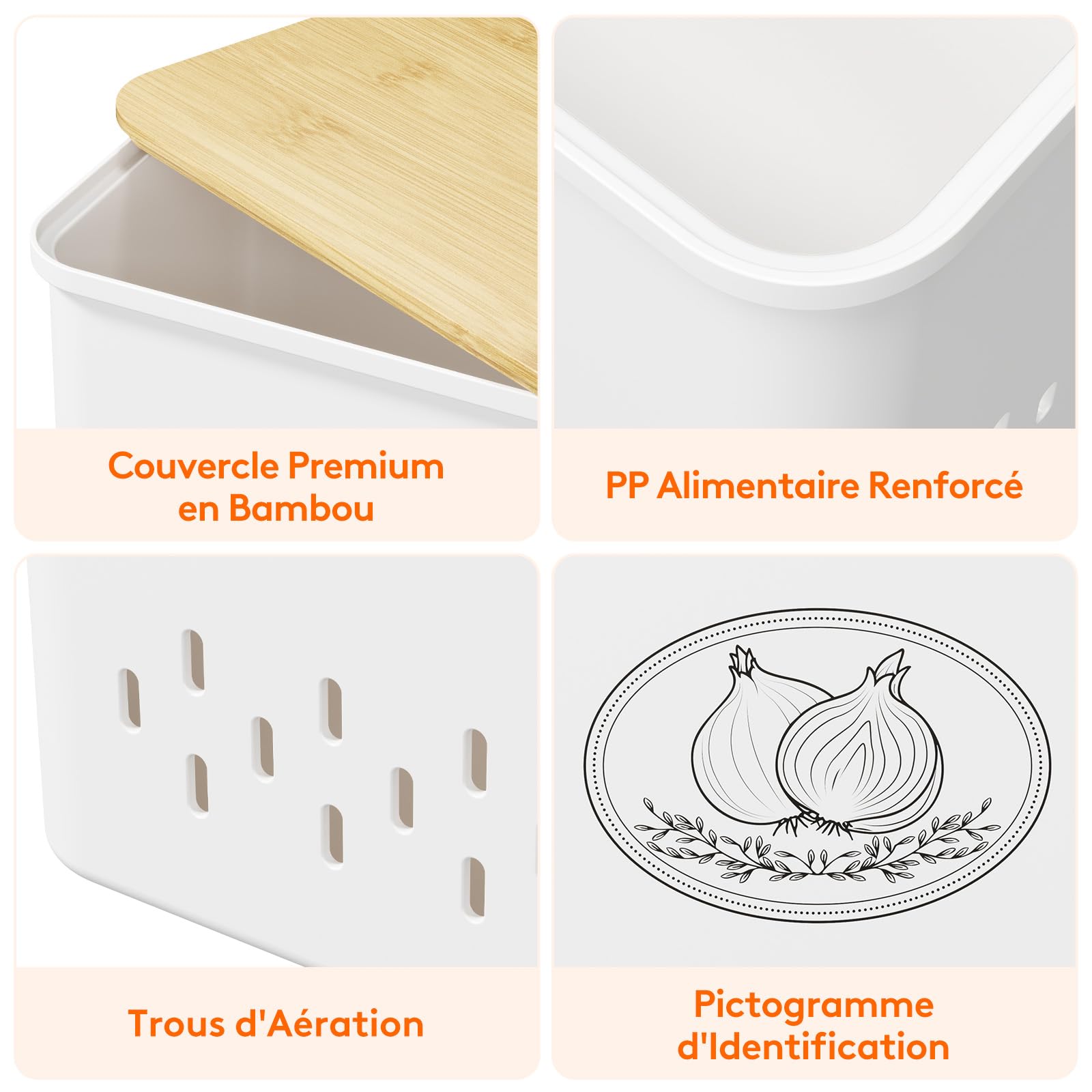 Otauoaea Aardappelrek voor uien en knoflook, set van 3 containers voor aardappelen, uien en knoflook, aardappelhouder met bamboedeksel en ventilatiegaten
