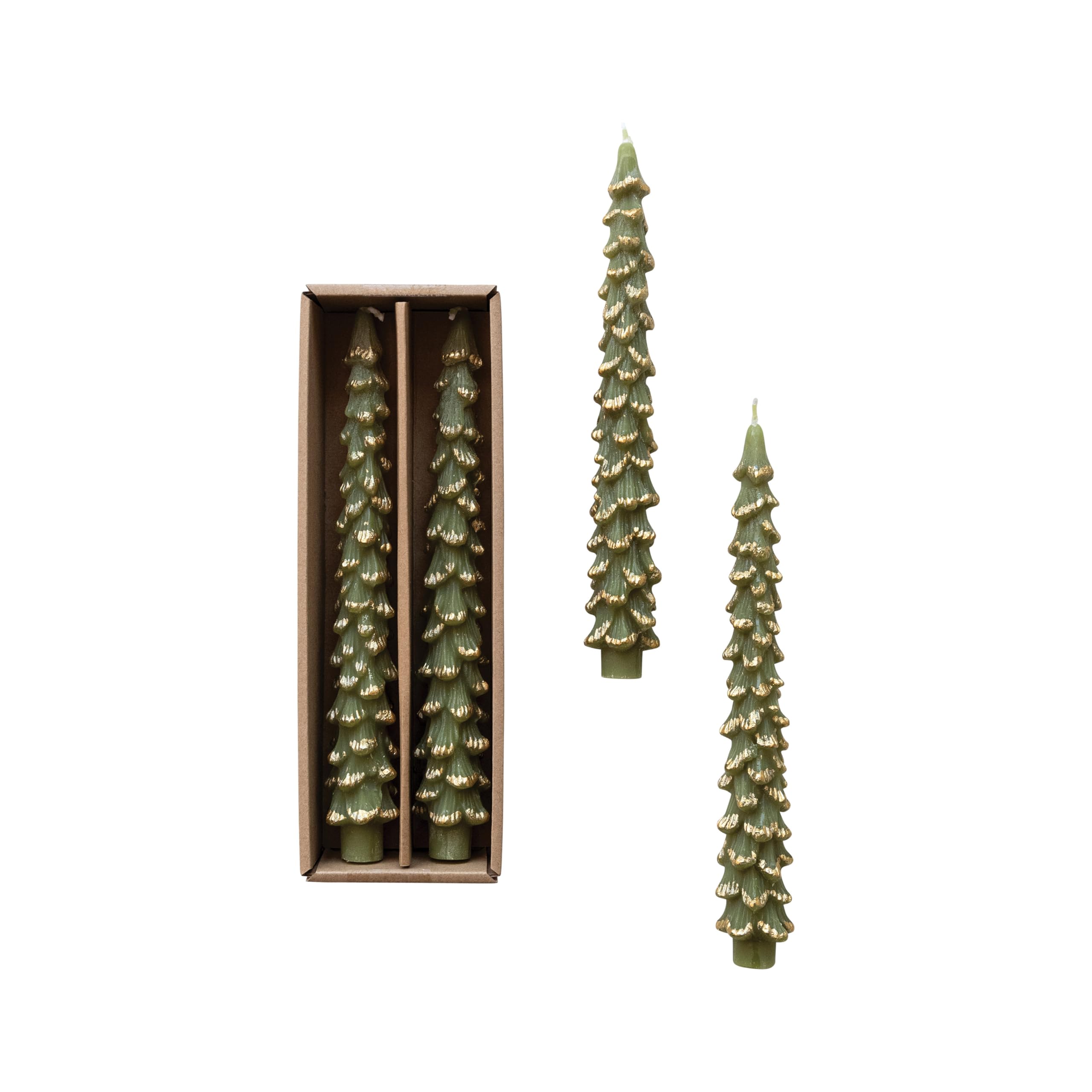 Creative Co-Op Golden-Tipped Elegance Tree Shaped Taper Candles, Evergreen, Set of 2
