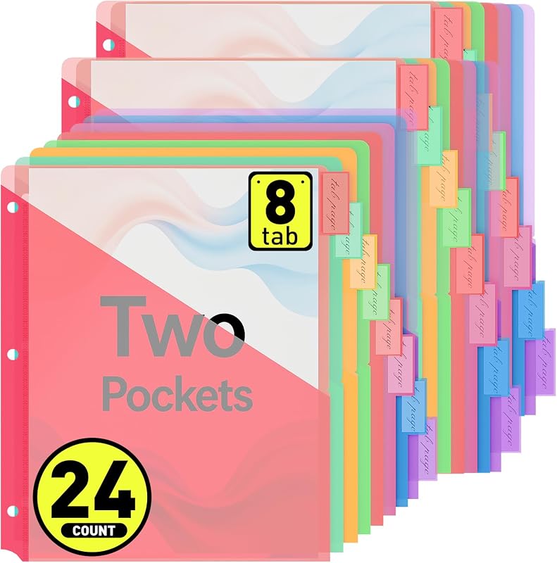 24 Counts Dividers with 2 Pockets, 8 Tabs Binder Dividers for 3 Ring Binder, Plastic Binder Dividers with Tabs for Office & School Organization Supplies, Multicolor, Letter Size, 3 Sets