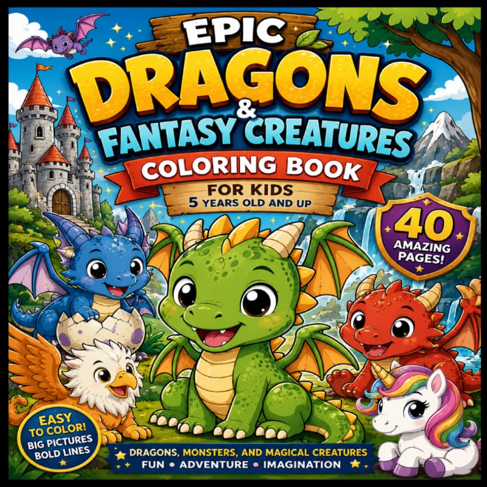 Dragons & Fantasy Creatures Coloring Book: 40 Fun and Easy Coloring Pages for Kids Ages 5+