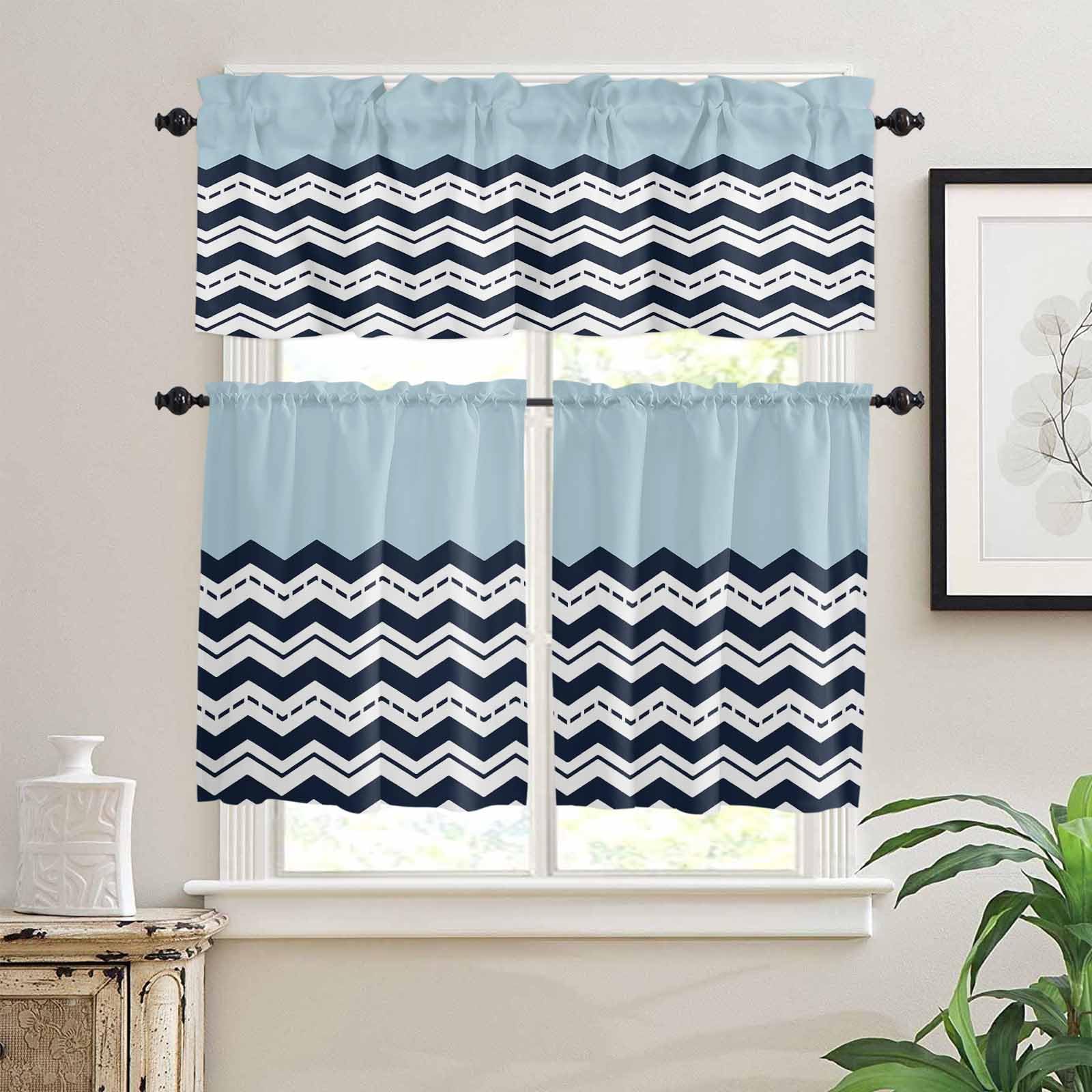 Black Chevron Kitchen Curtains 24 Inch Length, 3 Piece Rod Pocket Small Half Tiers and Valance Set, Geometric Blue White Sea Wavy Striped Small Large Window Treatment Decor for Bedroom/Bathroom Sink