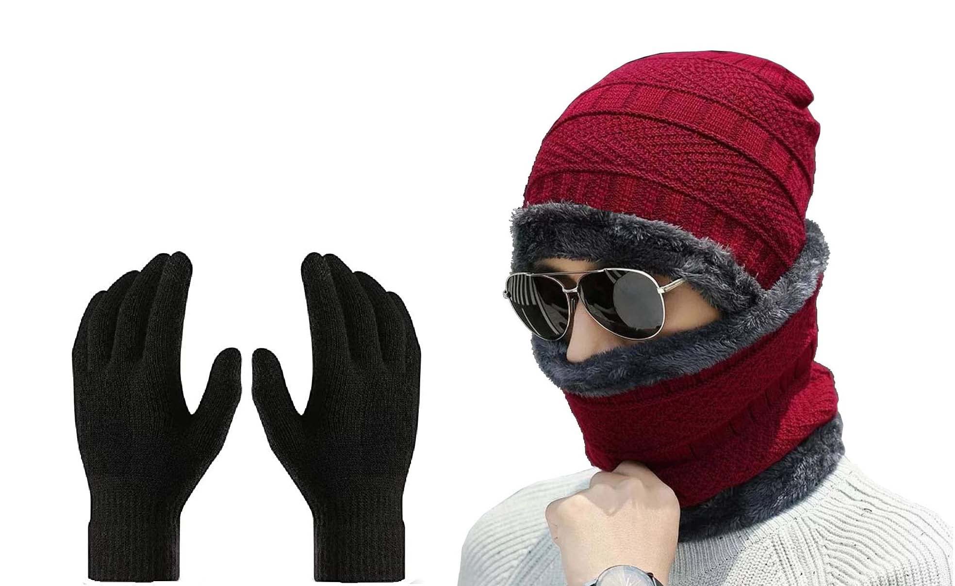 gajraj Winter Knit Beanie Cap Hat Neck Warmer Scarf and Woolen Gloves Set for Men & Women (3 Piece)-picture-12
