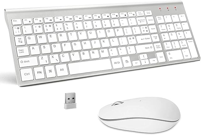 Wireless Keyboard and Mouse - USB 2.4g UK Wireless Mac Keyboard Mouse Set Compact Slim White Ergonomic Keyboard & Mice for Windows PC Laptop- Silver White