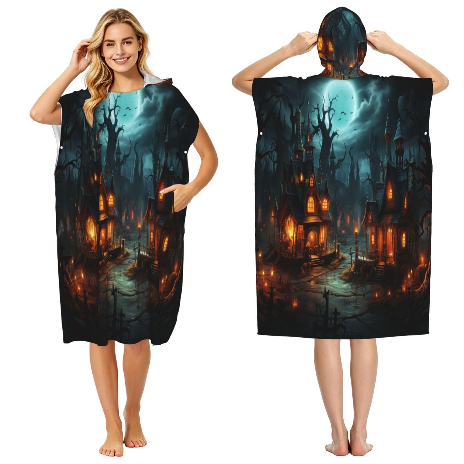 DTHKJNLSF Halloween Castle Adult Hooded Beach Poncho Towel