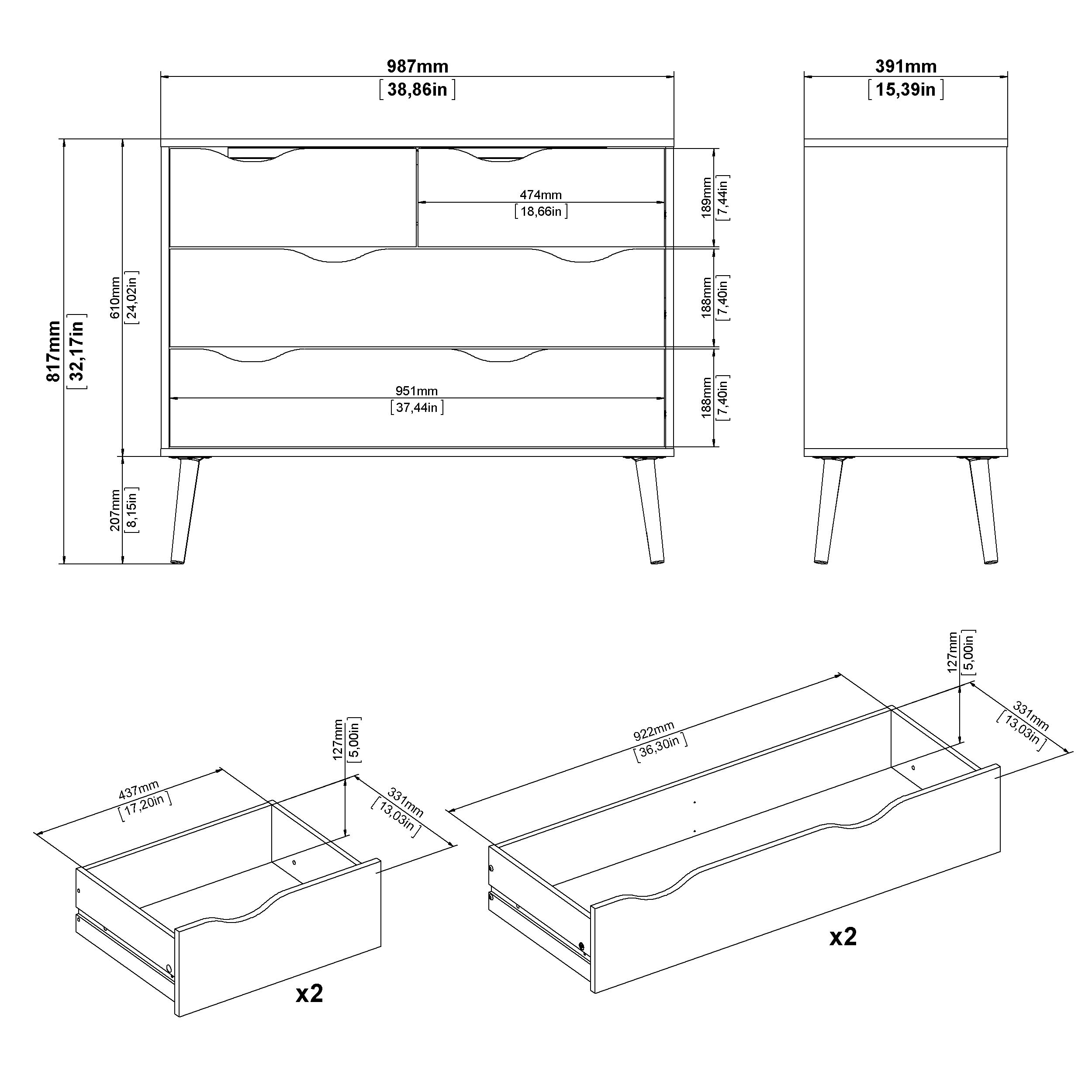 Cómoda, Cajonera para Dormitorio Tajo con 4 Cajones Color Blanco y Roble Patinado 99 x 39 x 82 cm