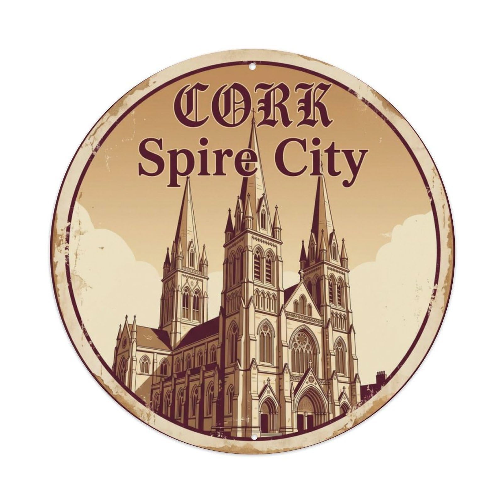 Vintage Travel Cork Cathedral Spire Metal Tin Sign Plaque Wall Decor for Cafe, Club Bar, Office, Home Garden Round Metal Poster 8x8Inch