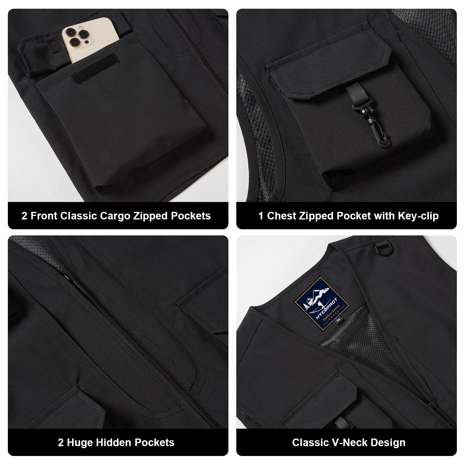 HYCOPROT Chaleco de Pesca para Hombre Outdoor Viaje Chaleco Casual Sin Mangas Ligero Impermeable Chaqueta Cargo Utility Abrigo de Invierno con 5 Bolsillos para Caza Senderismo Entrenamiento Escalada