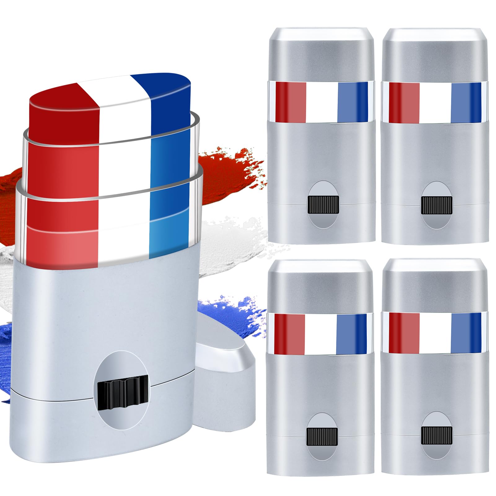 4pcs Red White and Blue Face Paint Stick, Long Lasting Patriotic Body Painting Baseball Eye Black America USA Flag Makeup Stick 4th of July Accessories for Kids Women Men Sports Party Independence Day Multi-4