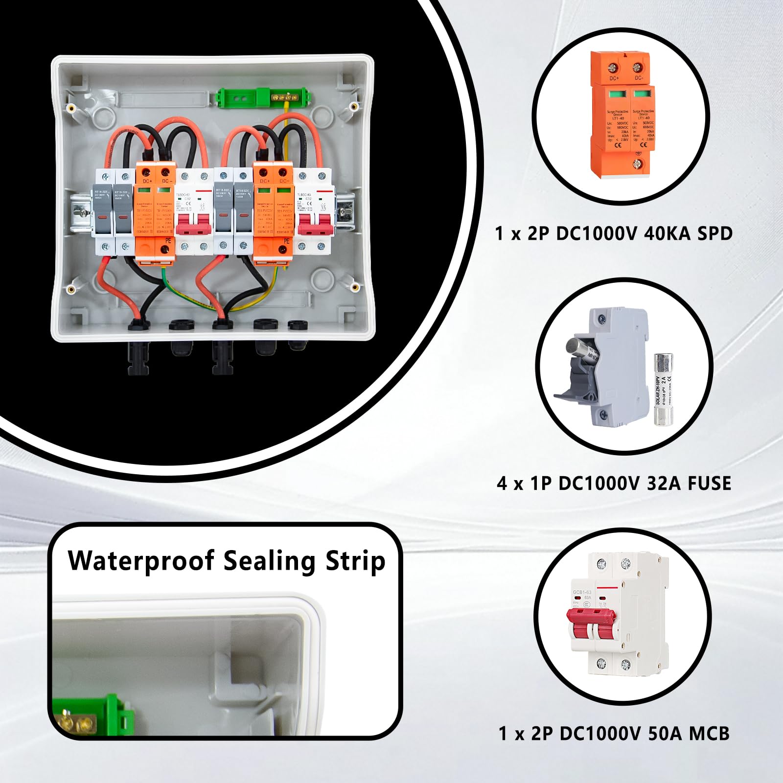DC500V Solar Combiner Box IP65 2-In-2-Out 32A wyłącznik z ochroną przeciwprzepięciową i bezpiecznikiem, skrzynka łącząca PV, wodoodporna obudowa IP65, do systemów paneli słonecznych
