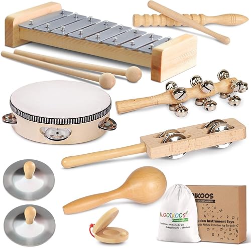 LOOIKOOS Instrumentos musicales para niños pequeños juego musical ecológico para niños preescolares instrumentos de percusión de madera natural