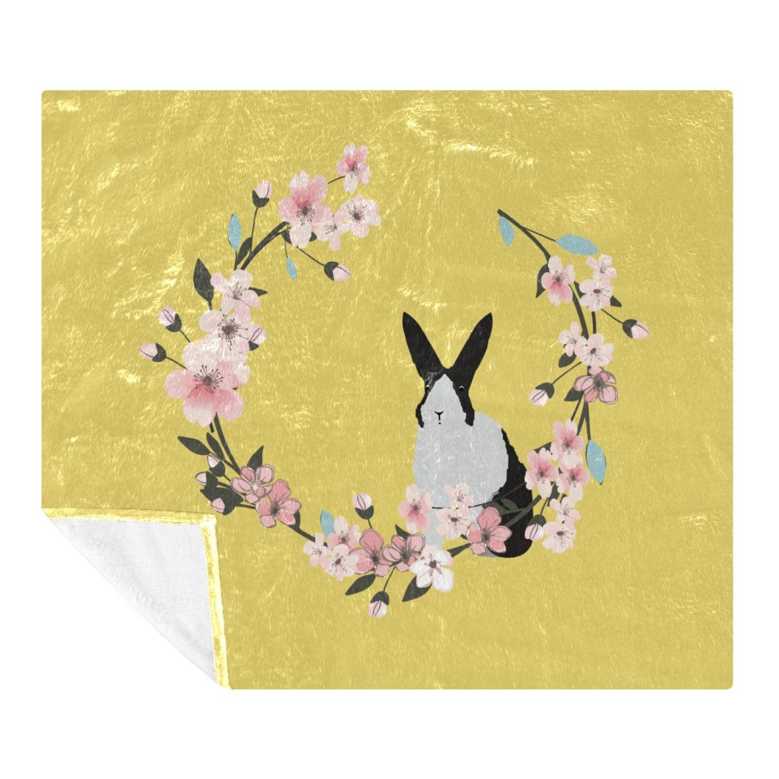 Couverture polaire jaune lit canapé avec motif lapin et fleurs de cerisier