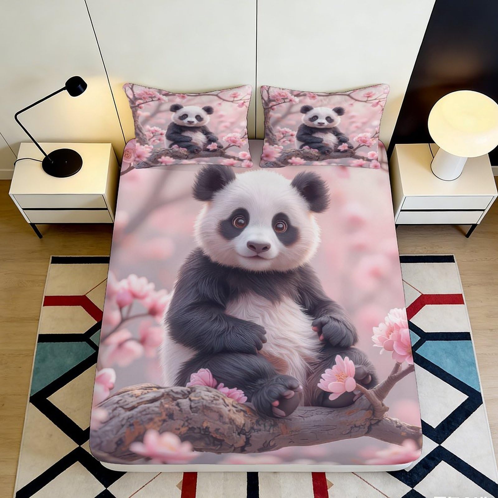 3D Printed Panda Blossom Fitted Sheet Microfiber Soft Anti-Slip Bed Cover for Bedroom Dorm Mattress Protection Decor 140x200x25cm