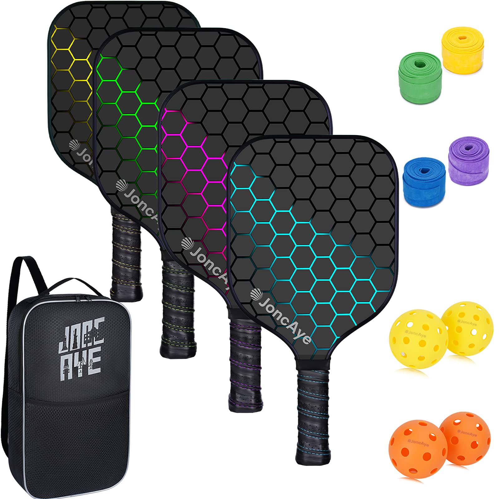 JoncAye Pickleball Paddles Set of 4 incl 4 Fiberglass Pickleball