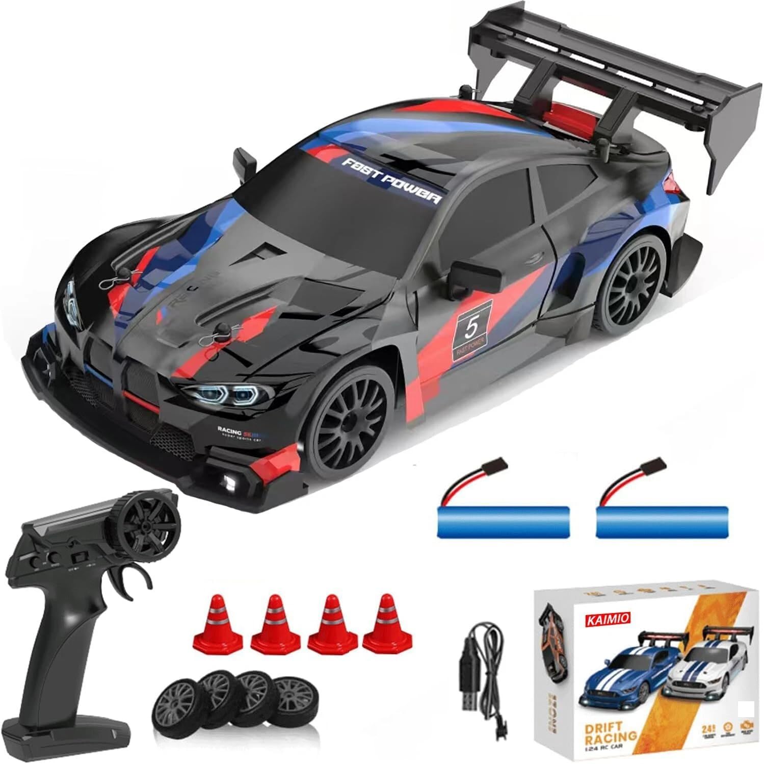 RC Drift Car, 1:24 Remote Control Car for Teen, 30KM/H 4WD High Speed RC Racing Cars with LED Lights, Two Batteries, Extra Drifting Tires, Electric Toy Vehicle for Adults