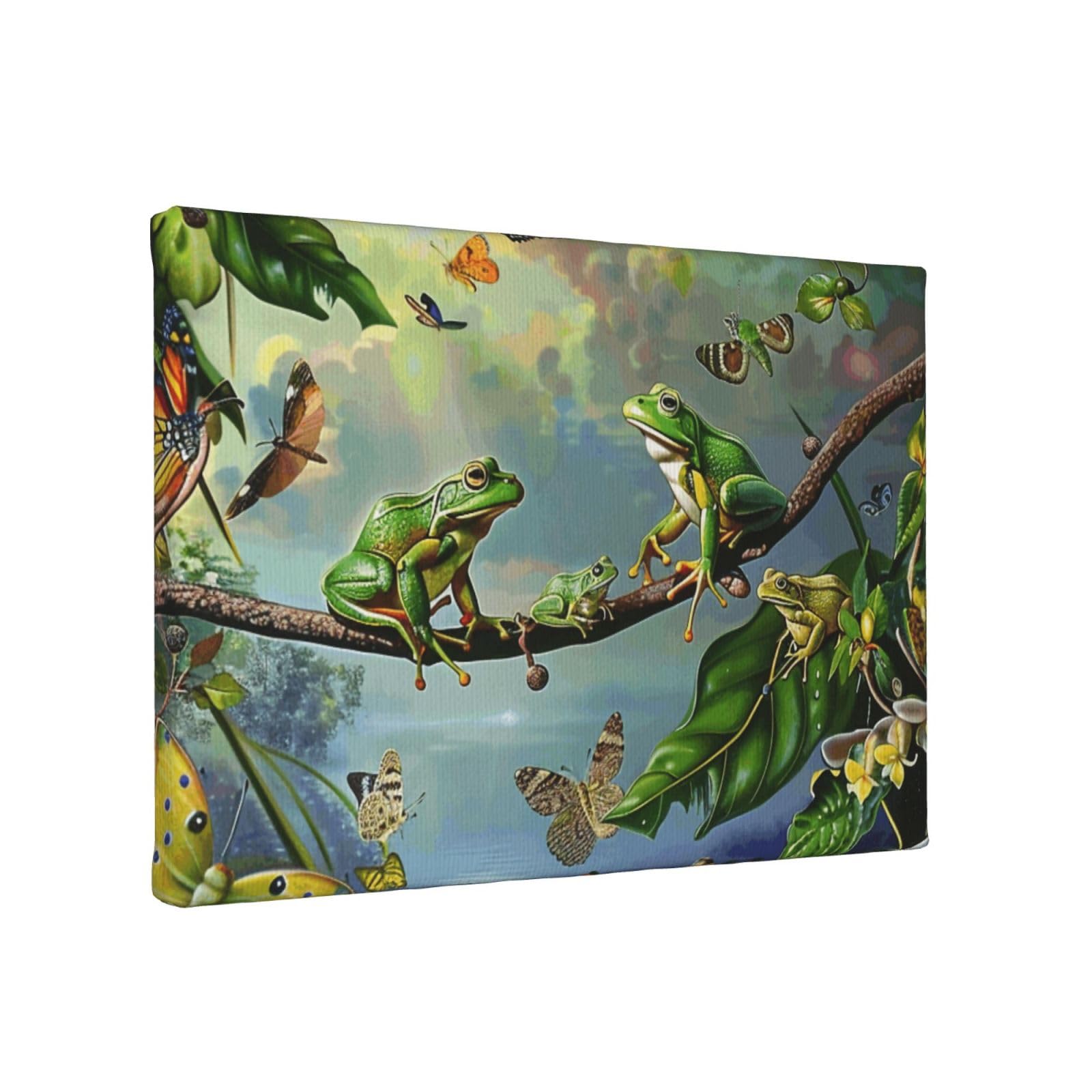 YKLJG Many Frogs Sing on The Branches Butterflies Printed Wall Art Canvas Painting 30x20 CM Wooden Framed Picture Painting Artwork Prints for Bedroom Kitchen Home Office Decor
