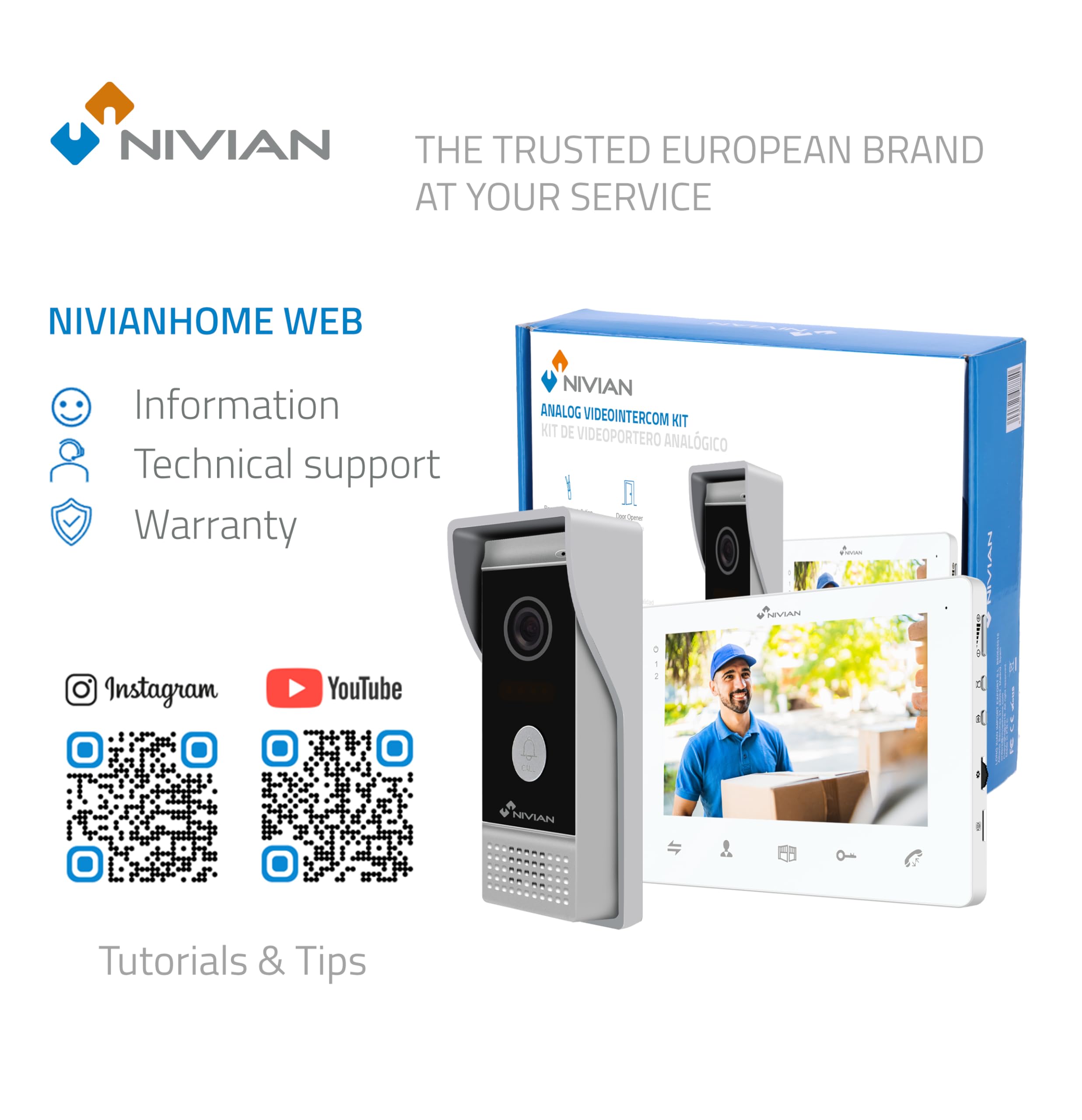 NIVIAN Videoportero 2 Hilos Analógico con Monitor 7” HQ Pantalla Interior con Audio Bidireccional | Placa Exterior IP65 Antivandálica con Visión Nocturna, Abrepuertas Eléctrico. Smart Security