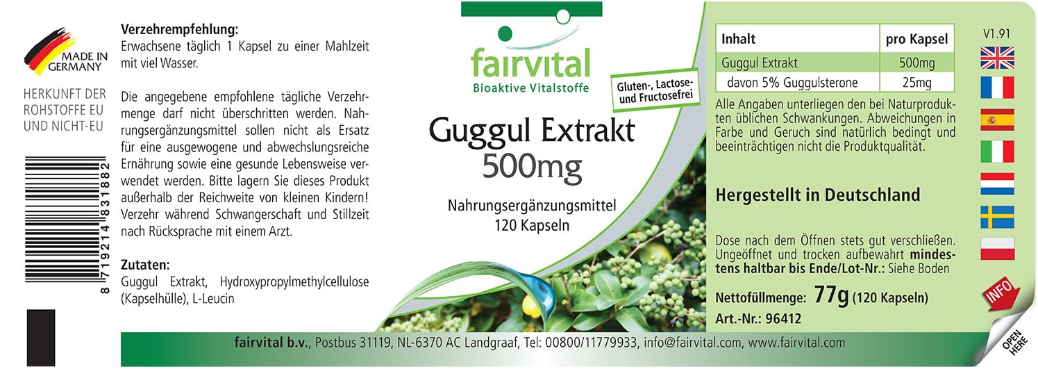 fairvital Extrait de guggul 500mg, 120 gélules, 5% de guggulstérones, qualité certifiée et hautement dosé, 100% végétalien, fabriqué en Allemagne