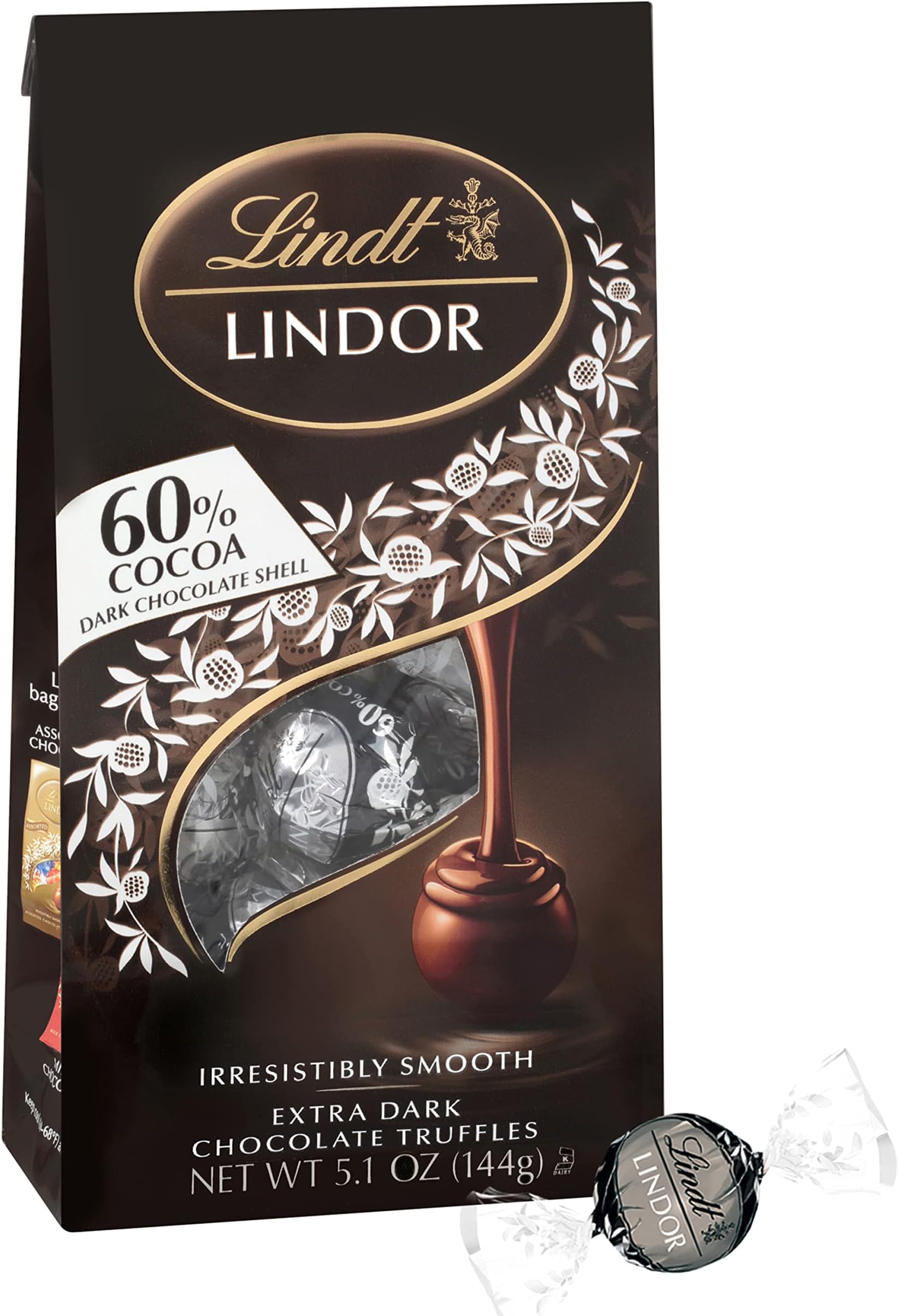 LINDOR 60% Extra Dark Chocolate Truffles, Dark Chocolate Candy with Smooth, Melting Truffle Center, Great for Gift Giving, 5.1 oz. Bag (6 Pack)