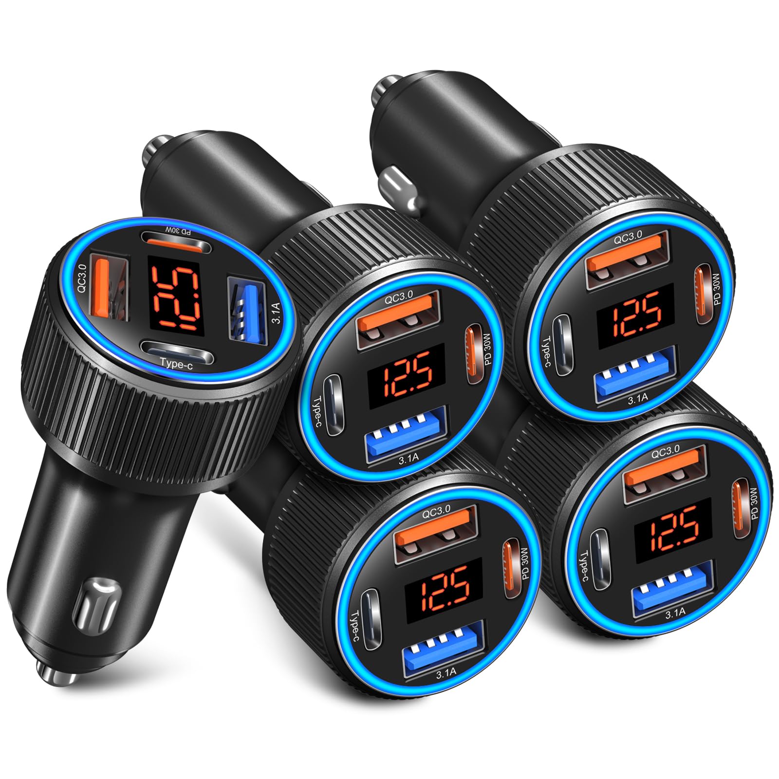 5 Pack USB C Car Charger, 4-Port 65W Car Power Adapter with Voltmeter QC+PD 3.0 Fast Charging Cigarette Lighter USB Charger for iPhone 16/15/14/13/12 Pro Max,Galaxy S25/S24,Android(Black)