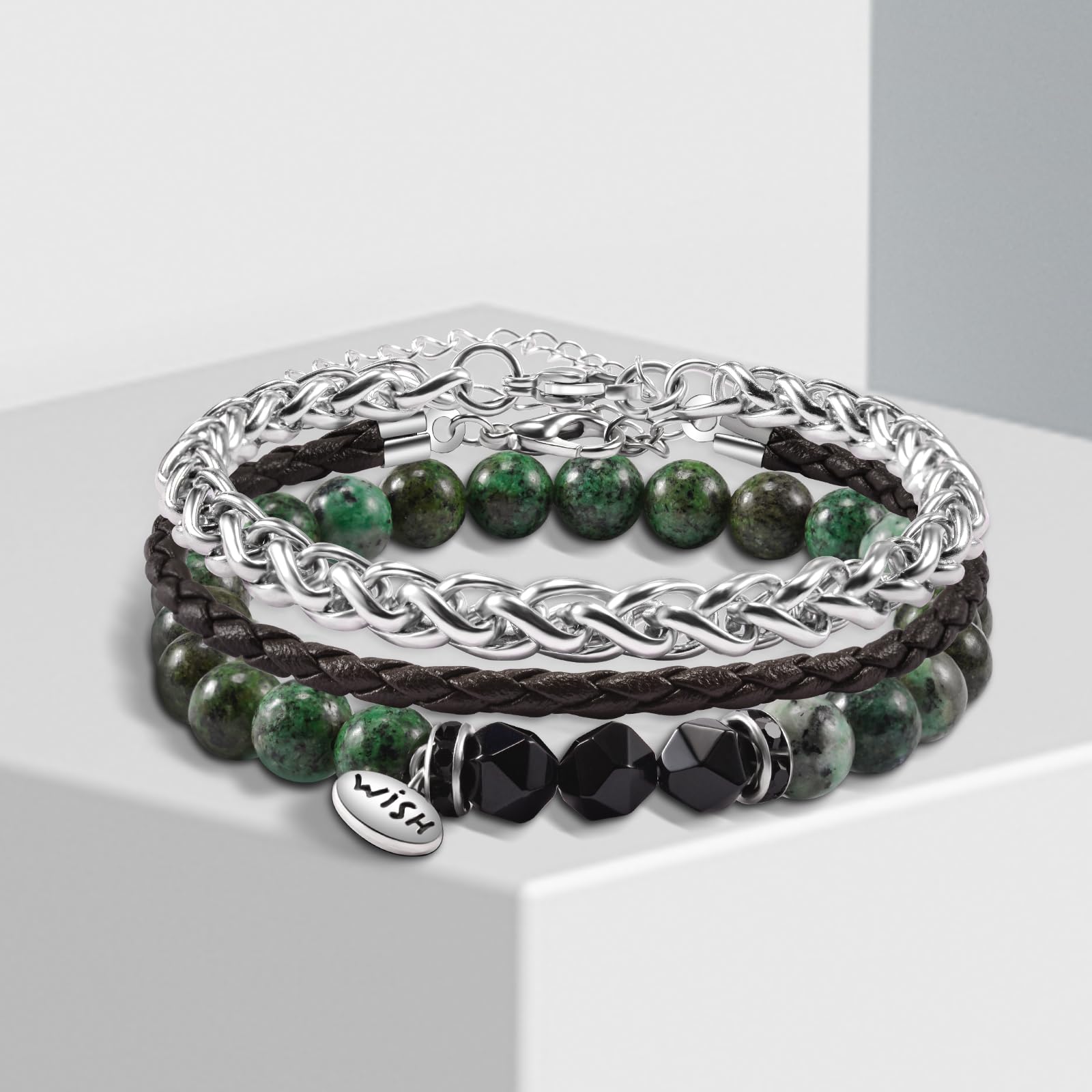 YELUWA 3 PCS Bracciali Di Pietra Bianco Turchese Africana per Uomo Con 3 Bracciale Di Ossidiana Nera in Titanio E Corda Vintage Intrecciata Mano Regali Compleanno per Ragazzi Fidanzati Moda Bracciale