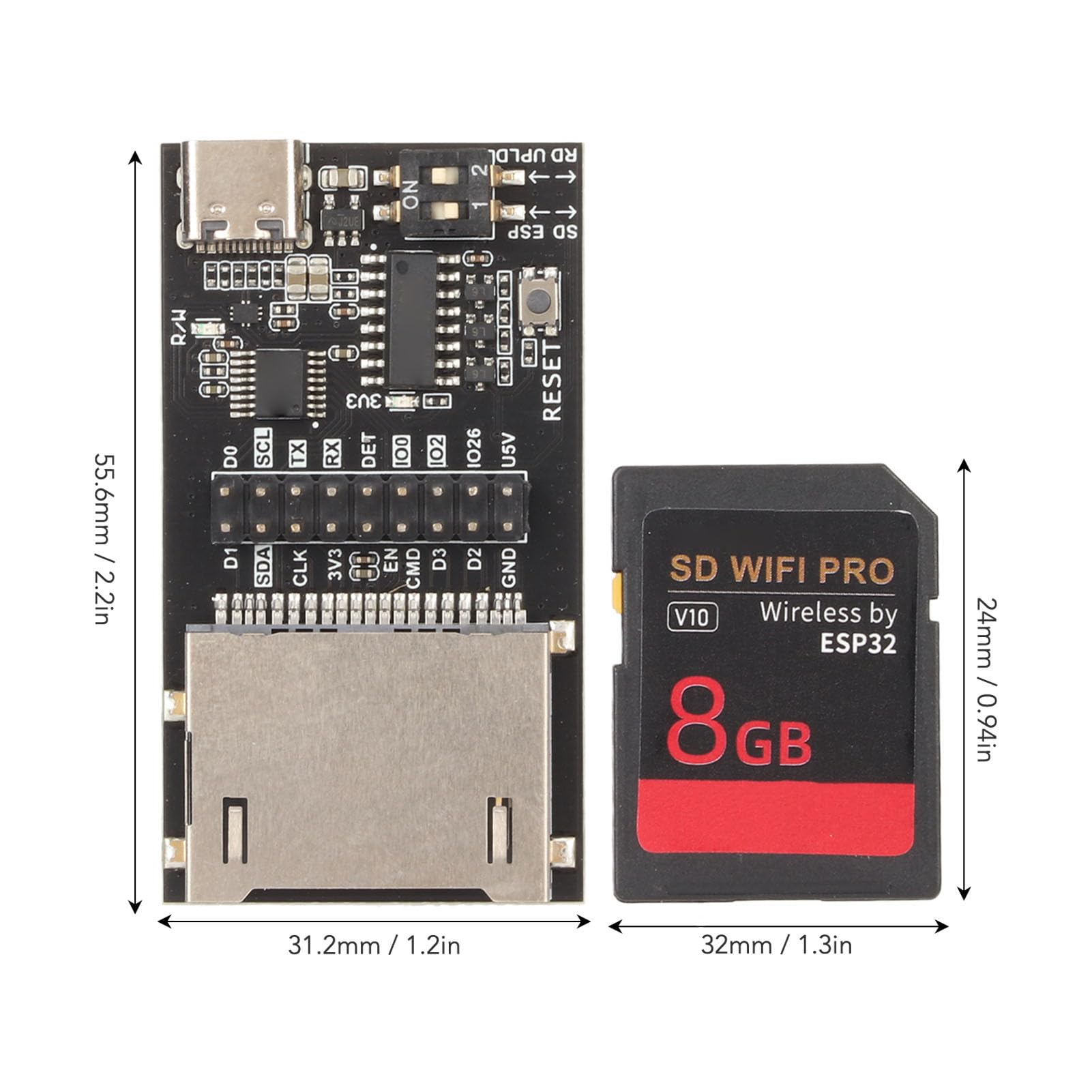 ciciglow SD WiFi PRO-Übertragungsmodul, ESP32-Chip 8 GB Hochgeschwindigkeitsspeicher Drahtloses Cloud-Übertragungsmodul Eingebauter USB-C-Anschluss für Prus für MK3S + Vorn 3D-Druckerteile
