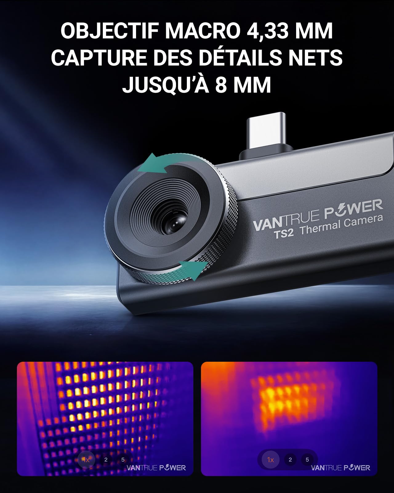 TS2 Caméra Thermique pour Android & iOS iPhone, Caméra Infrarouge avec Objectif Macro 8 mm à Mise au Point Manuelle, 512 x 384 Super Résolution, -20 °C à 550 °C, Inspection de Bâtiment