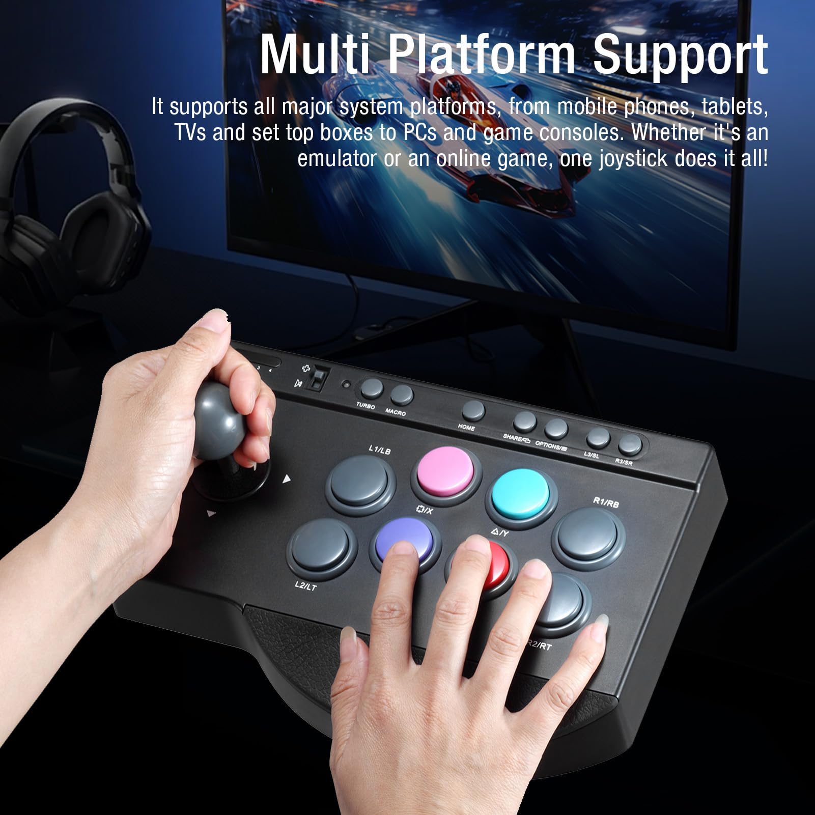 Diyeeni Joystick Arcades, Controlador Fighting Stick con Puerto USB, Funciones Turbo y Macro, Modo Dual, 8 Botones Grandes y Reposamanos de Goma, para Android TV Box, Wins 7 8 10