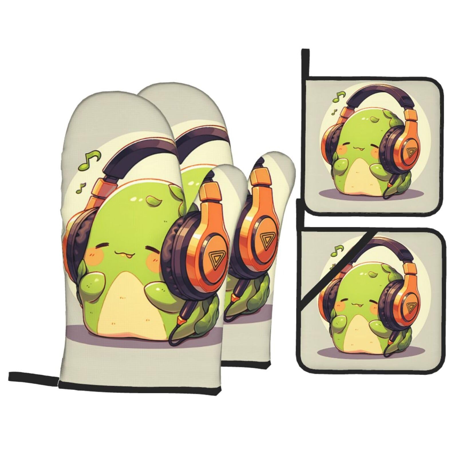 YYHWHJDE Avocado with Headphones Printed Kitchen Baking Set of 4 Thick Insulated Oven Mitt & Pot Holders, Anti-Scalding for Microwave, Oven, Outdoor BBQ
