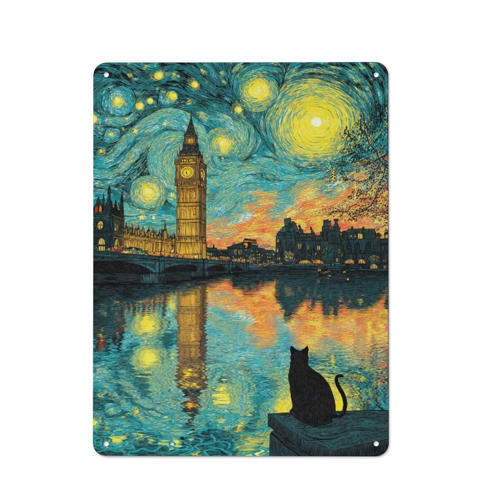 London Nightscape with Reflections Smart Metal Wall Decor 40x30cm, Office Metal Sign for Office, Study, Studio Or Hallway