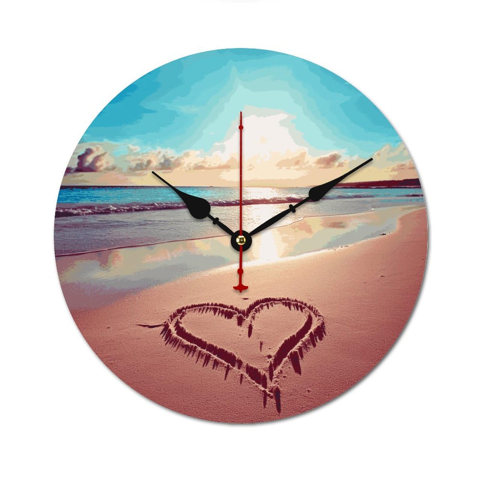 Horloge murale en bois Love Beach 25 cm silencieuse et sans cadre