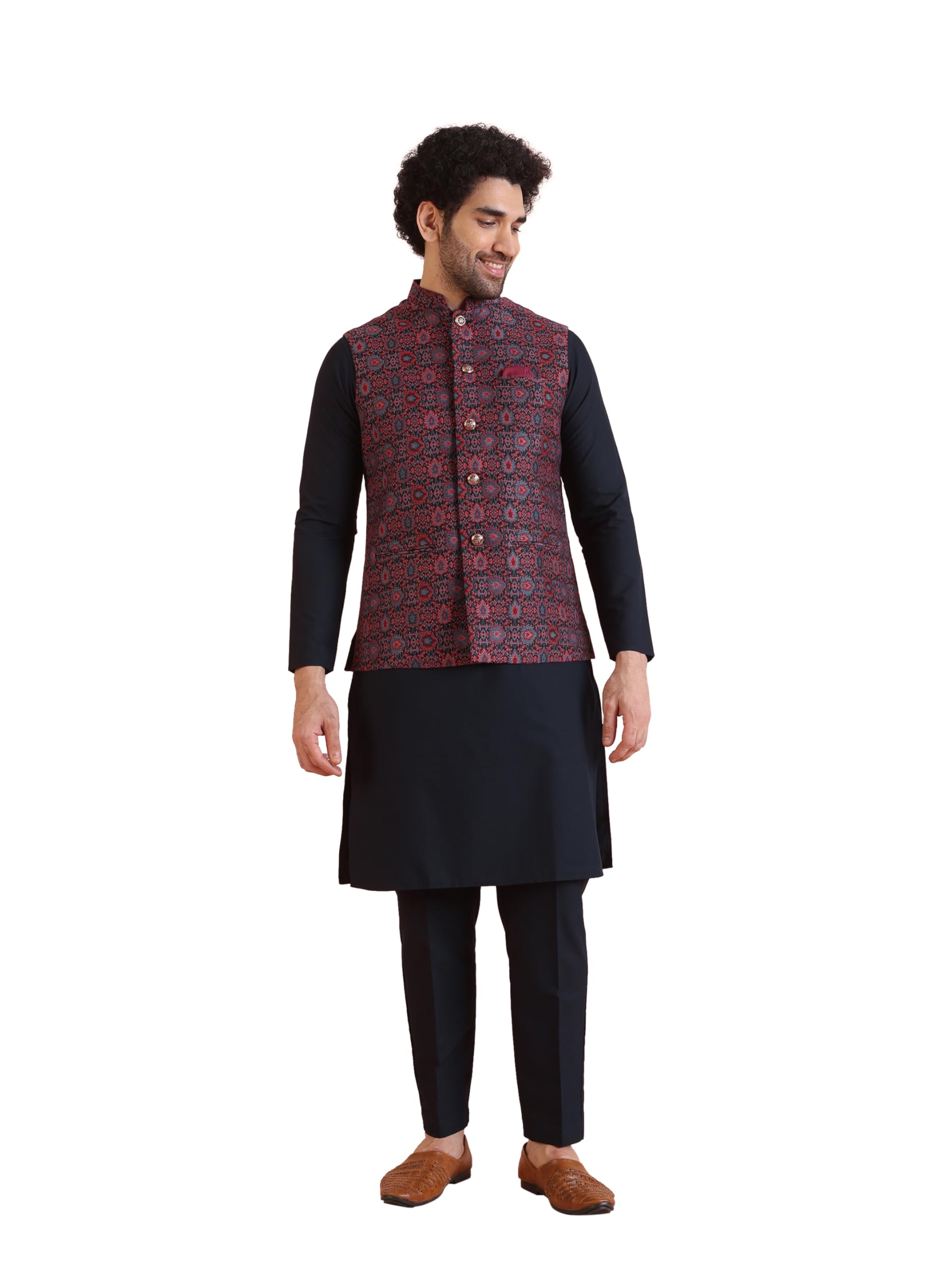 Men's Kurta Jacket Trouser Set, Multi Cotton Blend, Woven Design Full Sleeves Regular Fit Mandarin Collar-image-49