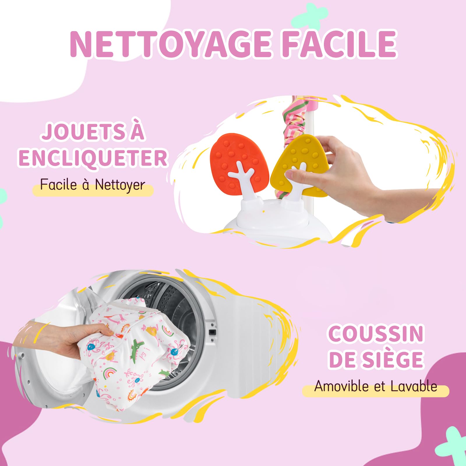 COSTWAY Aire d'éveil à Rebonds Bébé avec 6 Jouets Interactifs et Plateau Musical, Jumperoo Jungle Trotteur Bébé avec Musique et Lumière, 3 Hauteurs Réglables, Siège Rotatif 360° pour 6 Mois+ (Rose)