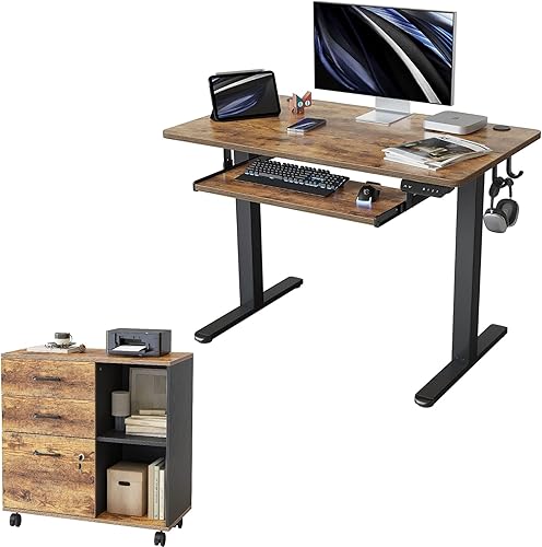 FEZIBO Height Adjustable Desk with Keyboard Tray and 3-Drawer Mobile File Cabinet