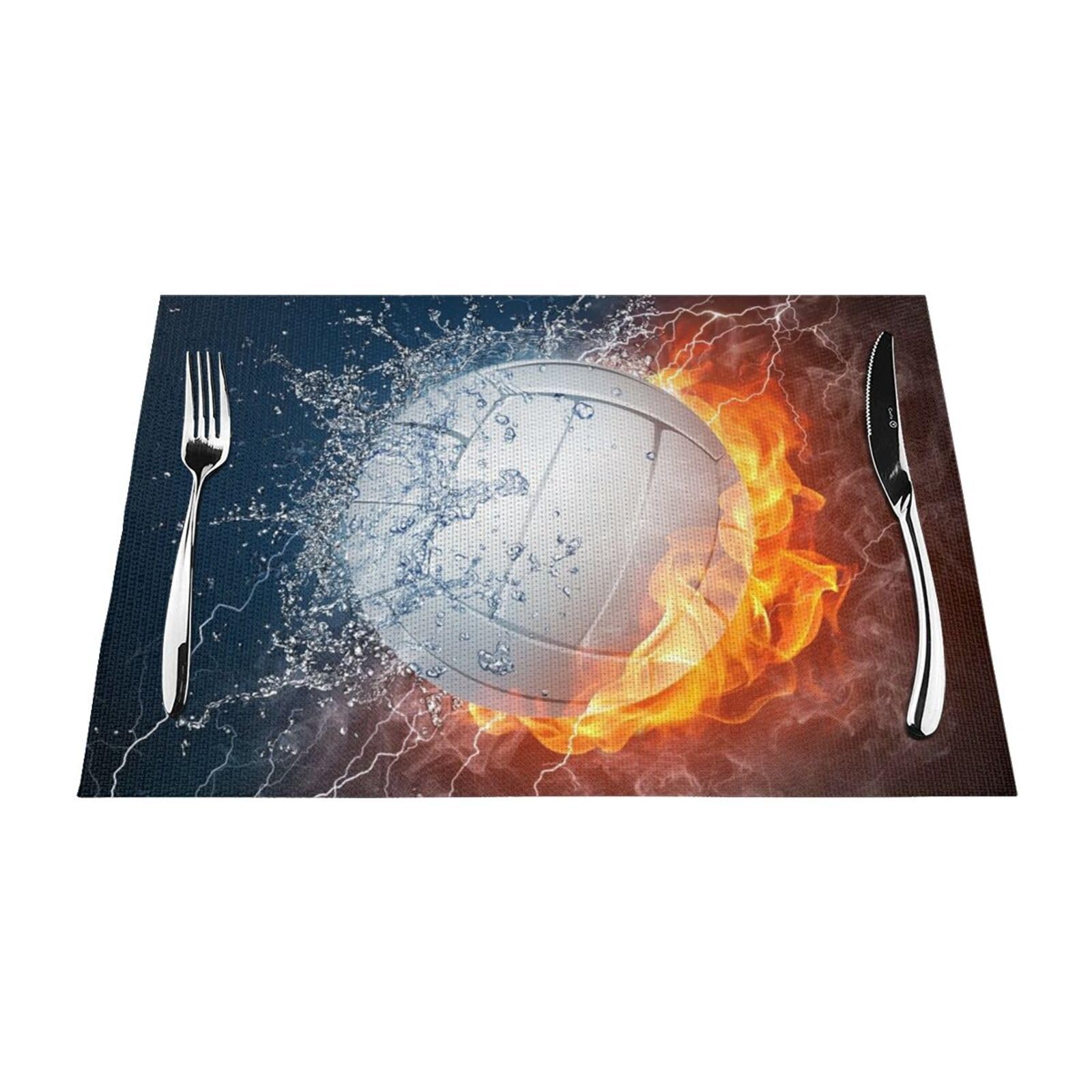 PVC Placemat Set of 4 PCS, 45x30 CM, Ice and Fire Volleyball Printed Non-Slip Heat Resistant Place Mats for Kitchen Dining Table Indoor Outdoor