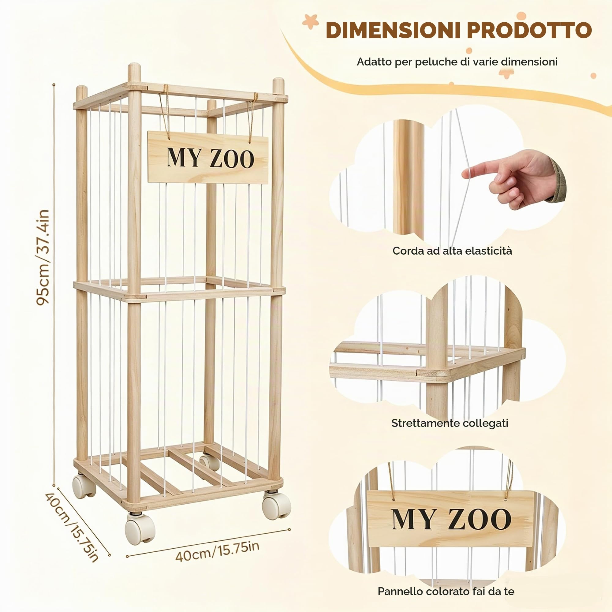Contenitore per Peluche in Legno, Salvaspazio, con Ruote Dotate di Freno a 360°, per Sala Giochi e Camera da Letto, Decorazione per La Casa