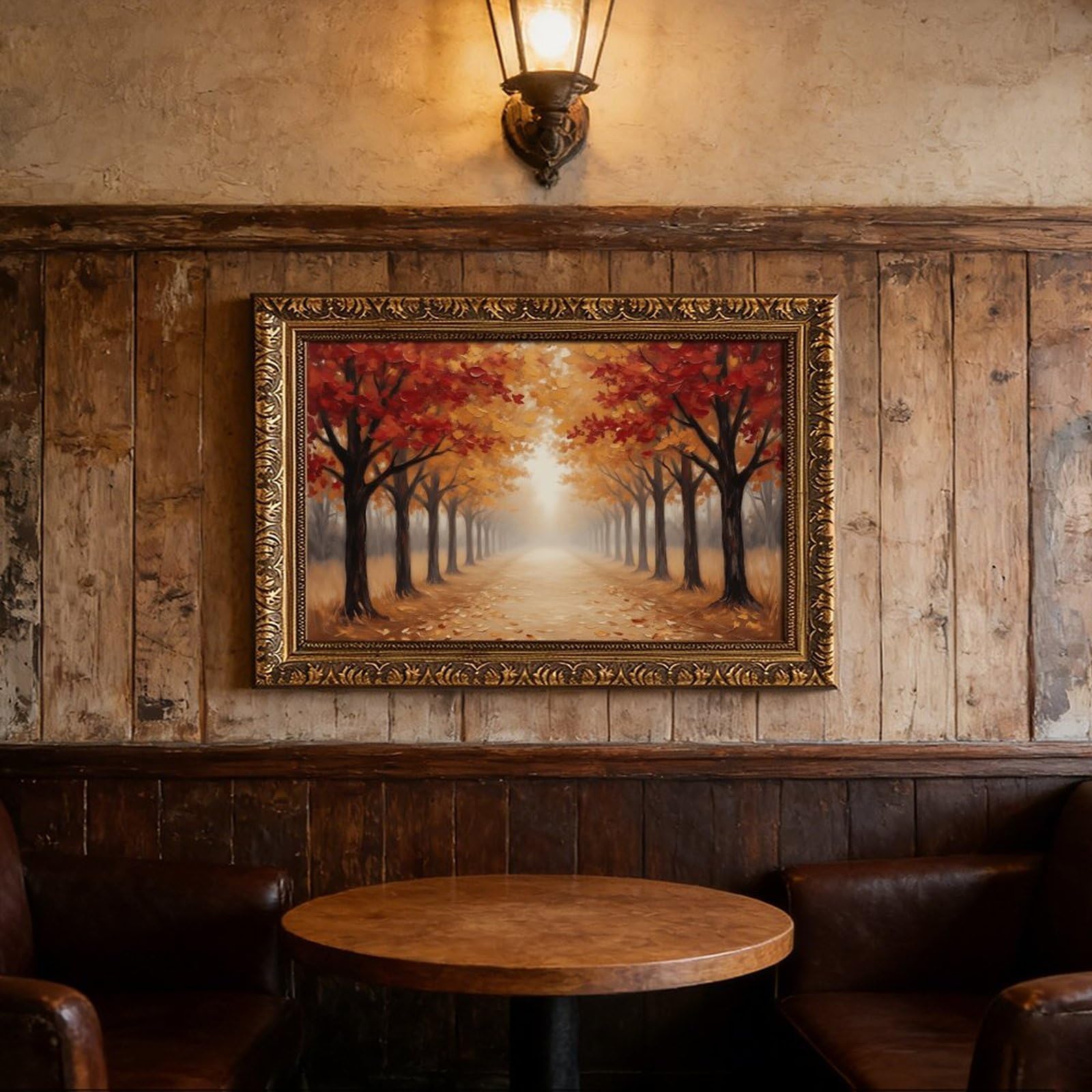 Mnyuein Póster de paisaje de bosque otoñal, 3 lienzos, decoración de pared, pinturas para sala de estar, dormitorio, marco dorado retro, 61 cm de largo x 91 cm de ancho