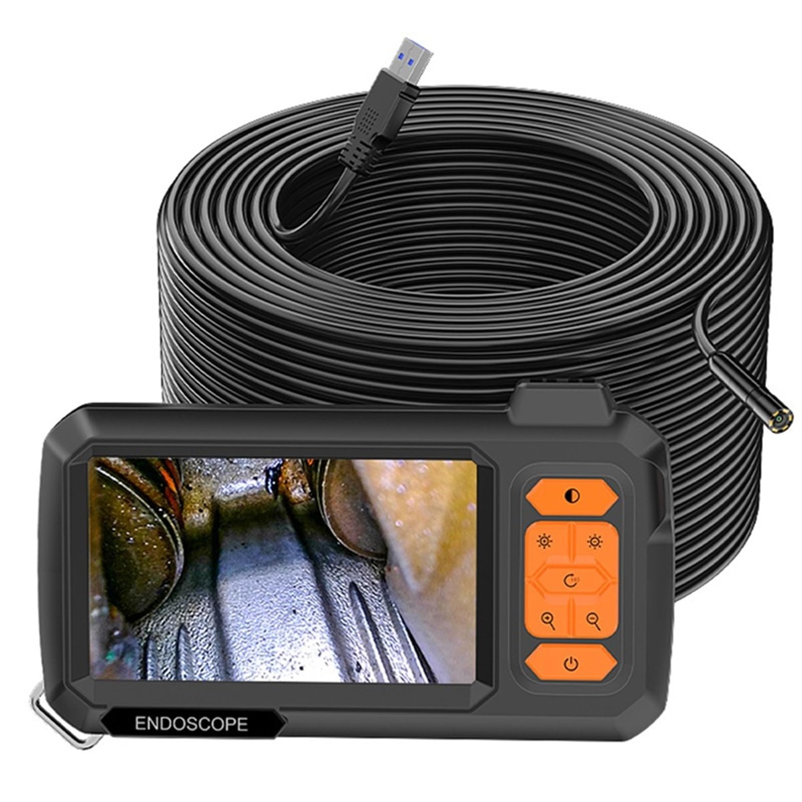 Endoskopkamera mit 4,3-Zoll-Bildschirm, austauschbarem 1-100 Meter langem Starren Kabel, HD1080P-Auflösung, 8-mm-Objektiv, Rohrinspektion, USB-Anschluss, LED-Beleuchtung und 2600-mAh-Akku.