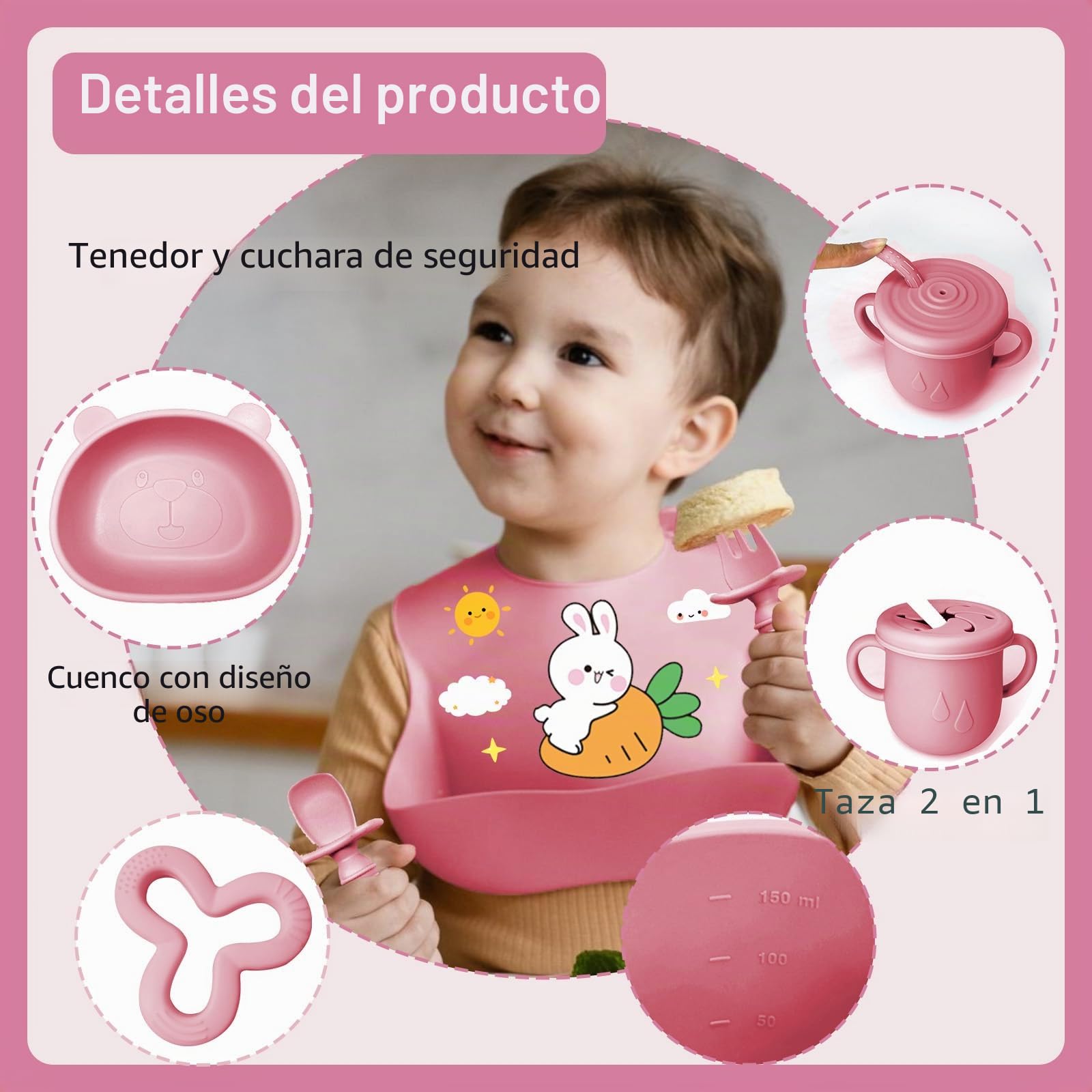 Vajilla Bebe Silicona, 11 Piezas Vajilla de Silicona para Bebés Antideslizante, Cubiertos Bebe para Comer Destete, Con Babero Taza Plato Cuenco, Juegos de Vajilla Bebe, Sin BPA (Rosa oscuro)