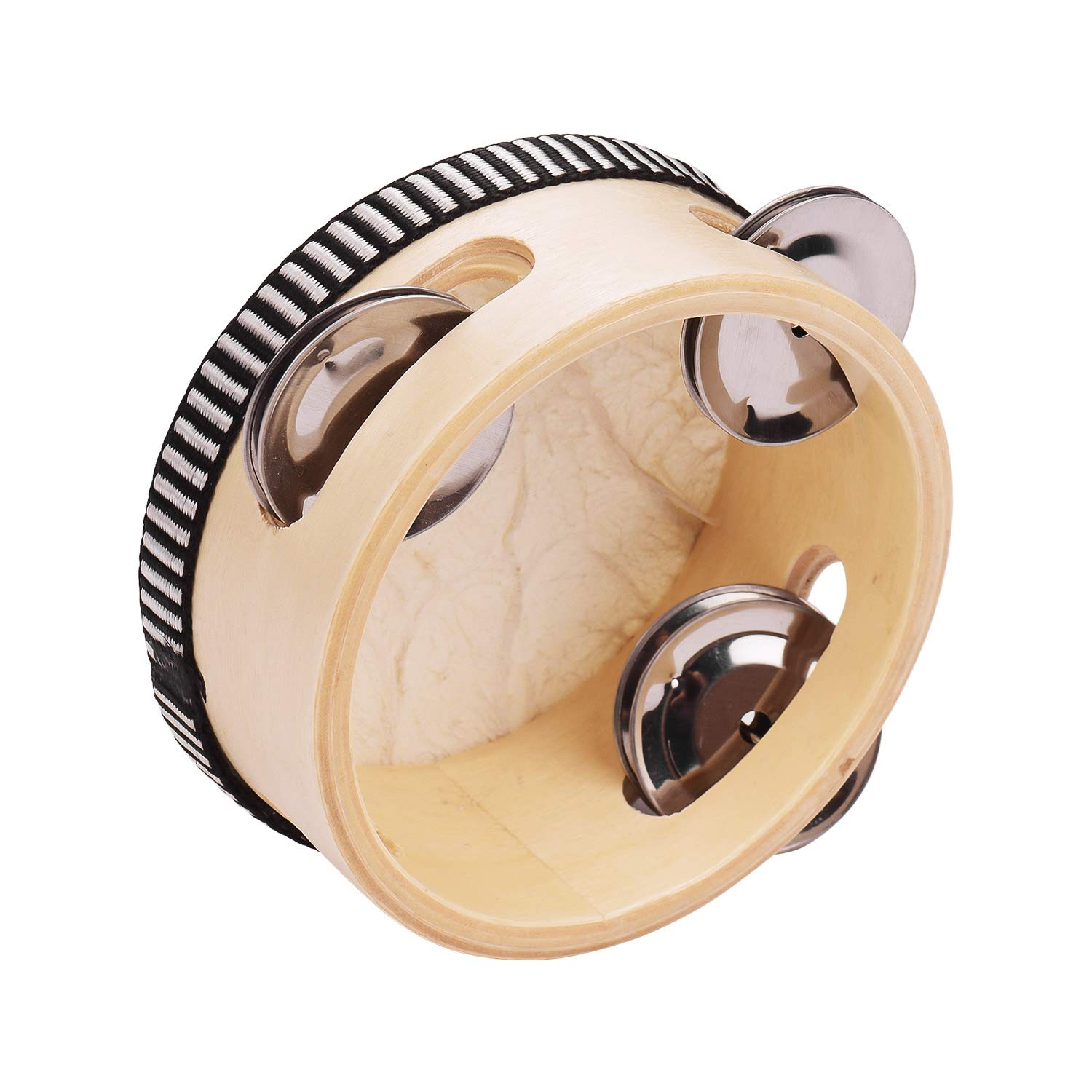 COMETX Tambourine 4 Inch Wooden Hand Tambourine with Metal Single Row Jingles Sheepskin Drum Skin Tambourines Entertainment Musical Timbrel for Adults Dancine Singing Party - Image 3