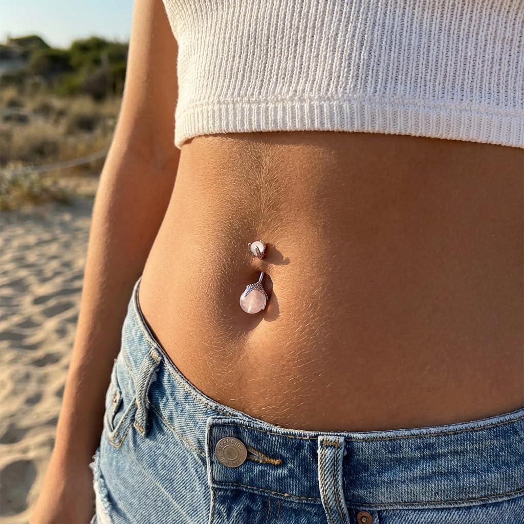 Rose Quartz Belly Button Ring, Dragon Claw Holding Gemstone Stainless Steel Belly Button Rings, Silver Short Navel Ring for Women Body Piercing Jewelry - Image 5